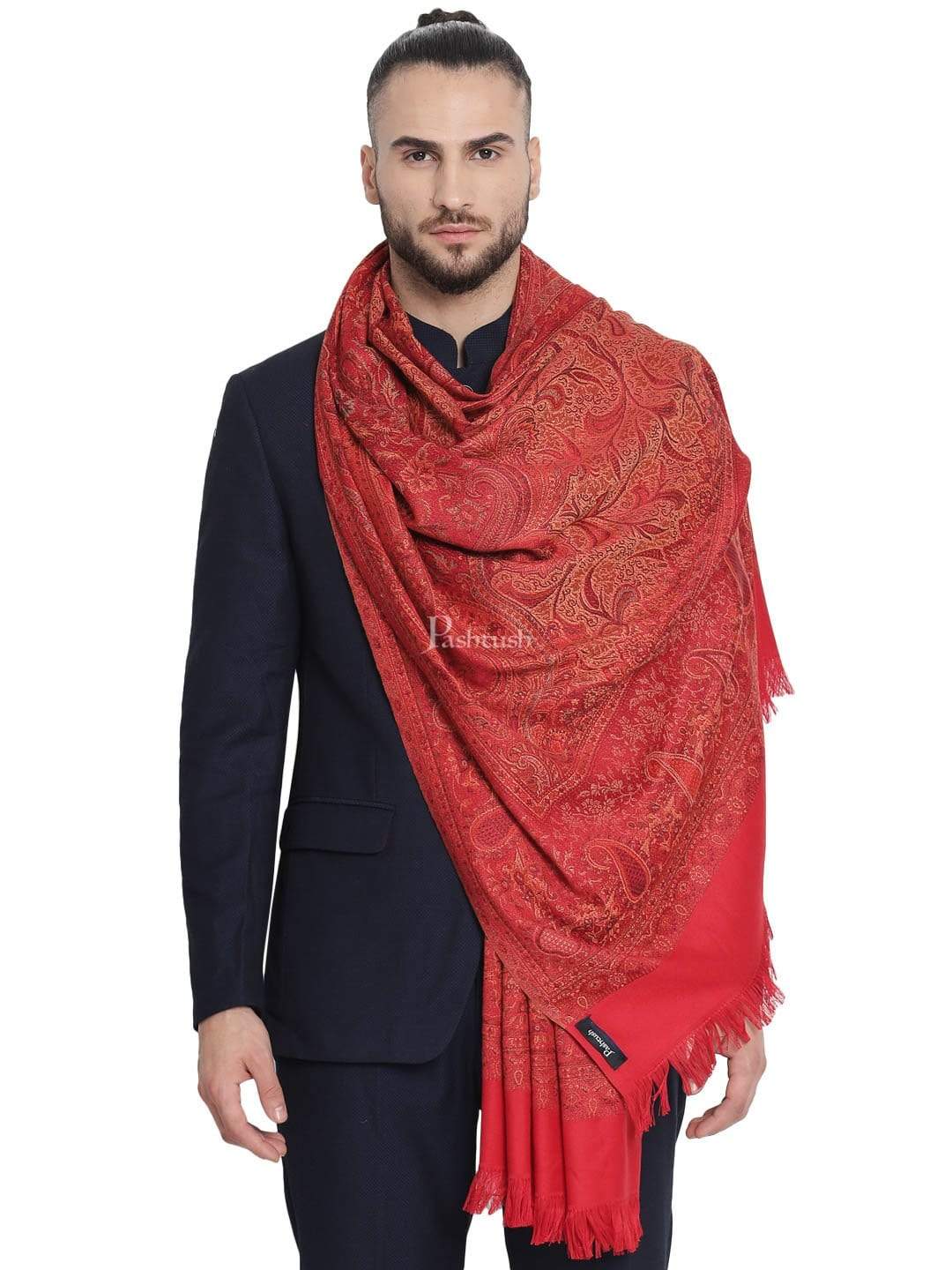 Pashtush India 100x200 Pashtush Mens Jamawar Stole, Faux Pashmina, Red