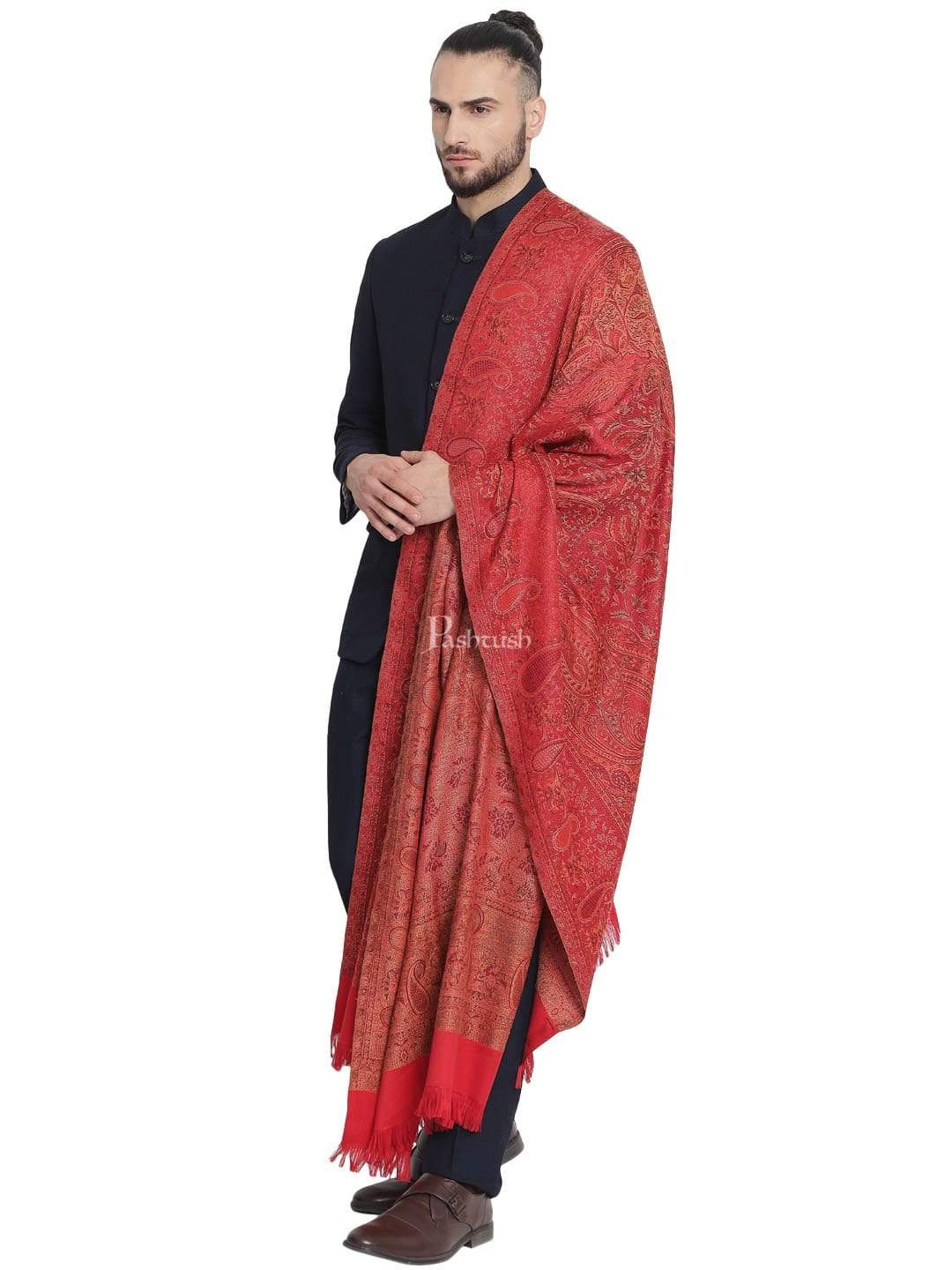 Pashtush India 100x200 Pashtush Mens Jamawar Stole, Faux Pashmina, Red