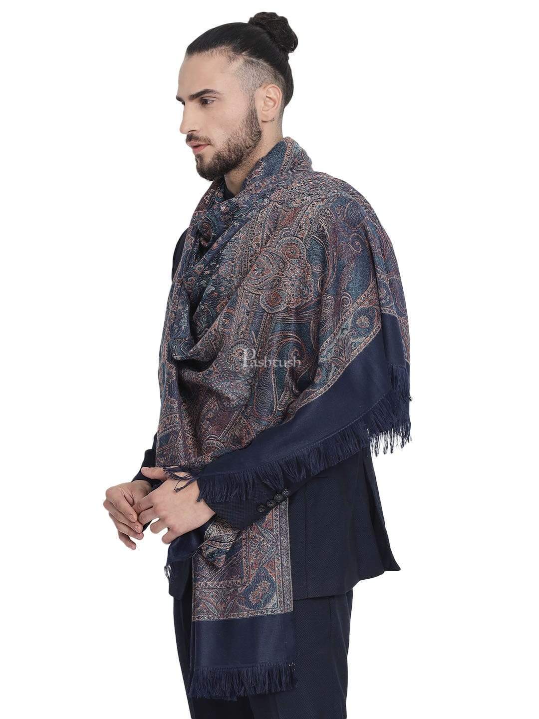 Pashtush India 100x200 Pashtush Mens Jamawar Stole, Navy blue