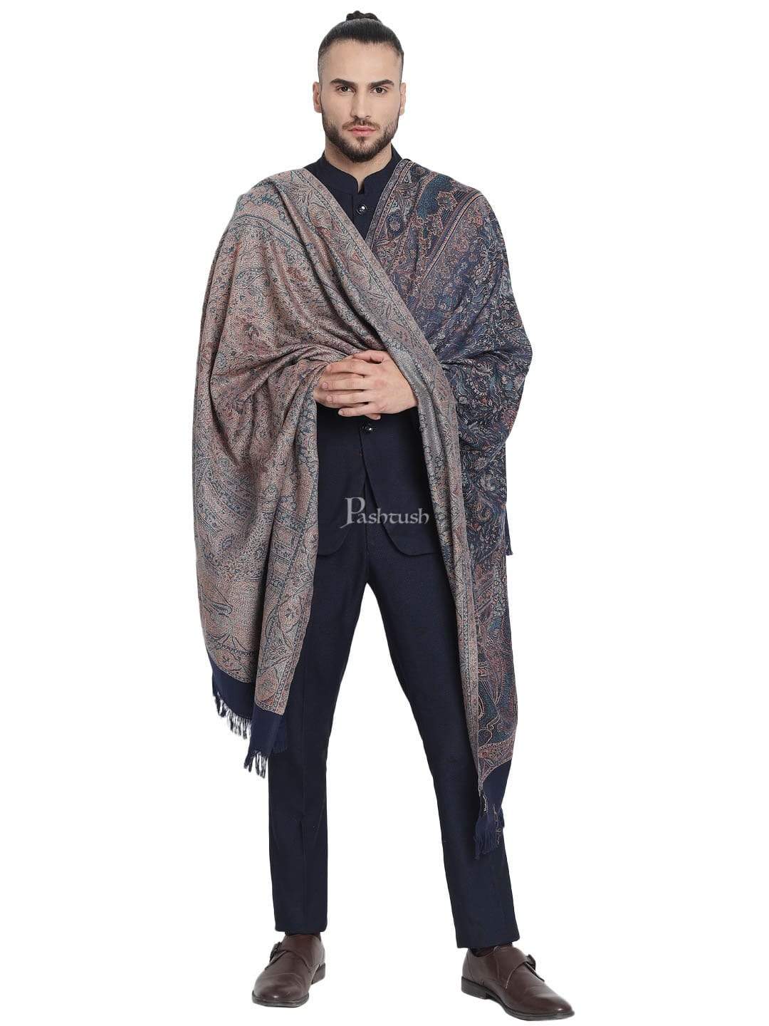 Pashtush India 100x200 Pashtush Mens Jamawar Stole, Navy blue