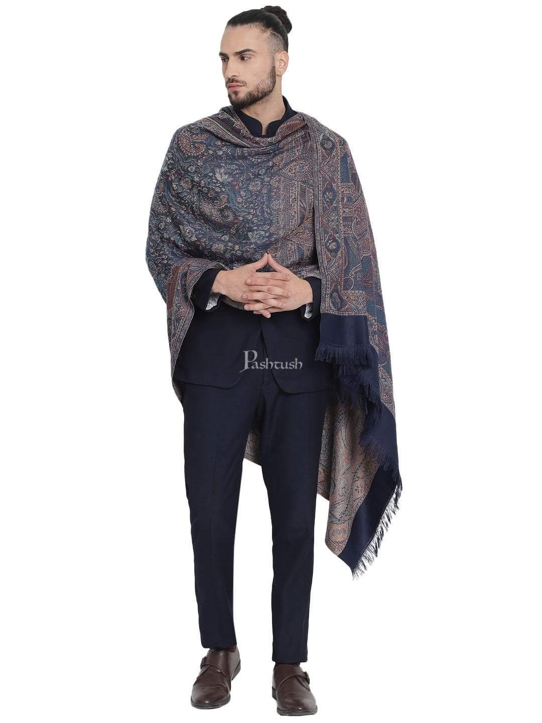 Pashtush India 100x200 Pashtush Mens Jamawar Stole, Navy blue