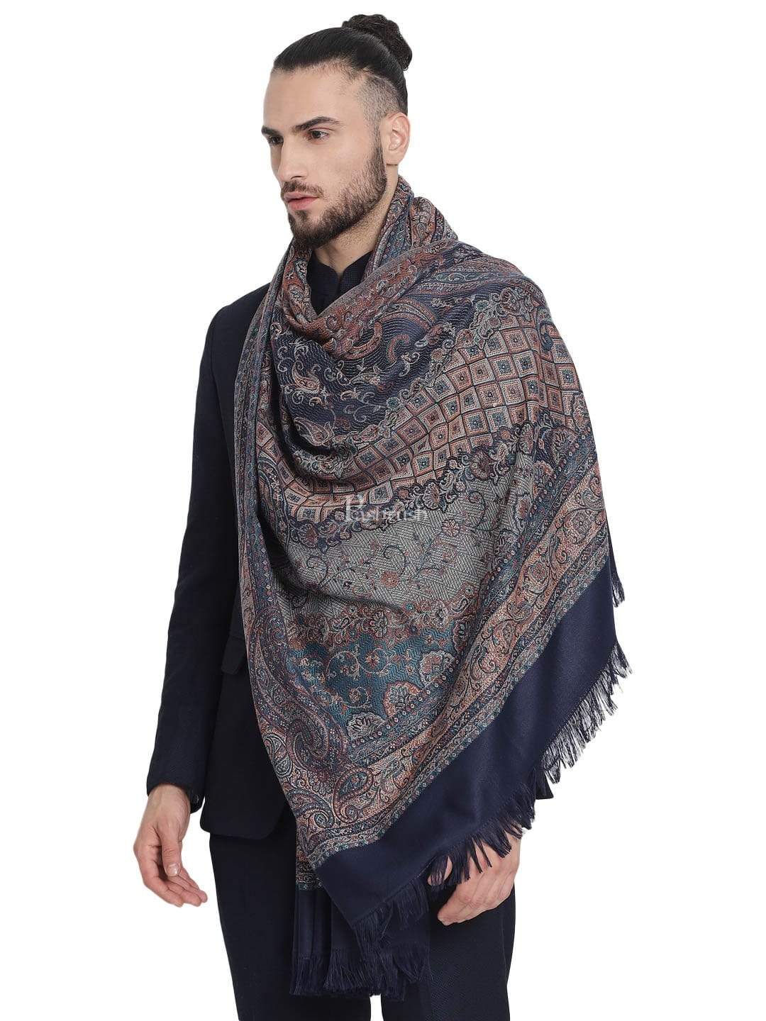 Pashtush India 100x200 Pashtush Mens Jamawar Stole, Navy blue