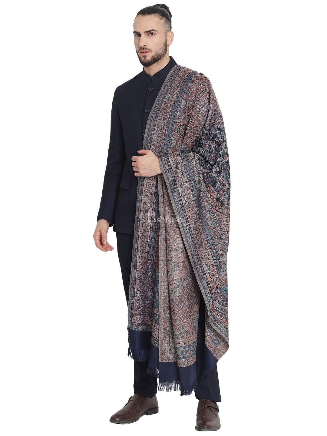 Pashtush India 100x200 Pashtush Mens Jamawar Stole, Navy blue