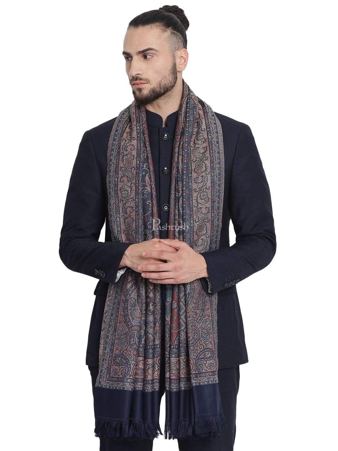 Pashtush India 100x200 Pashtush Mens Jamawar Stole, Navy blue