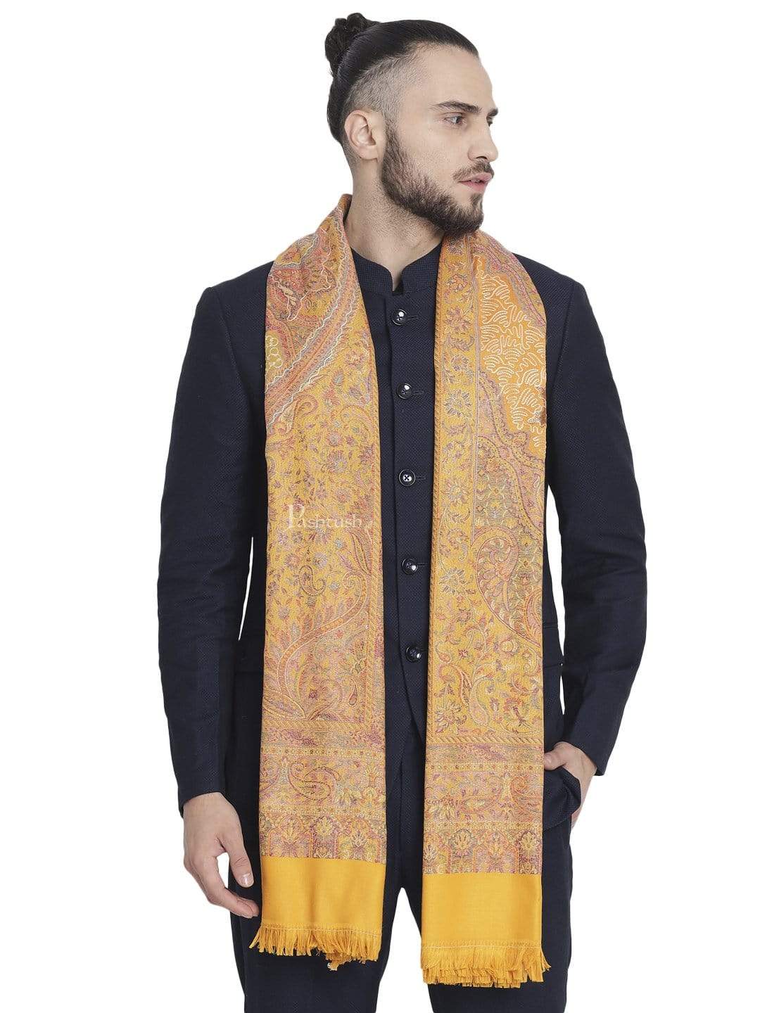 Pashtush India 100x200 Pashtush Mens Jamawar Stole with Hand Aari Embroidery, Silky Threadwork - Soft Faux Mustard