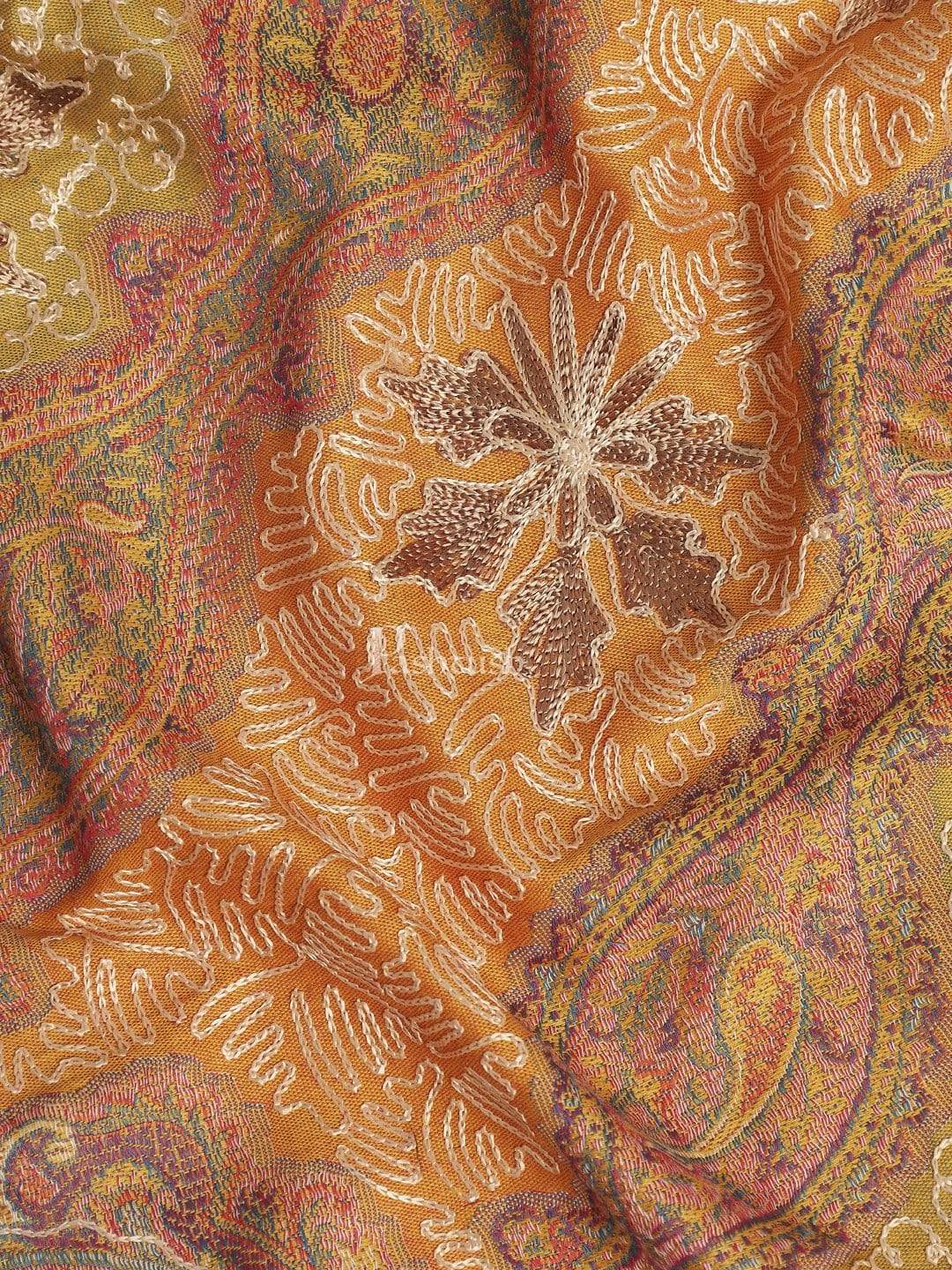 Pashtush India 100x200 Pashtush Mens Jamawar Stole with Hand Aari Embroidery, Silky Threadwork - Soft Faux Mustard