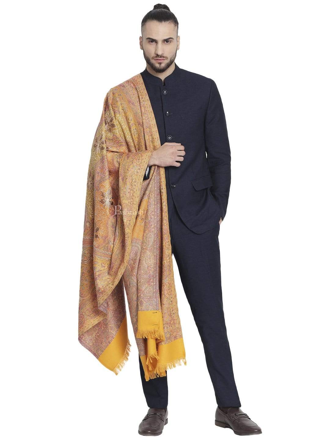 Pashtush India 100x200 Pashtush Mens Jamawar Stole with Hand Aari Embroidery, Silky Threadwork - Soft Faux Mustard