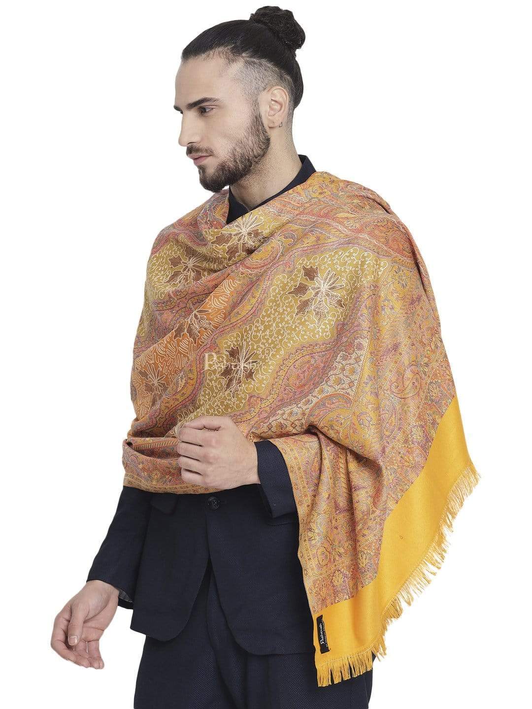 Pashtush India 100x200 Pashtush Mens Jamawar Stole with Hand Aari Embroidery, Silky Threadwork - Soft Faux Mustard