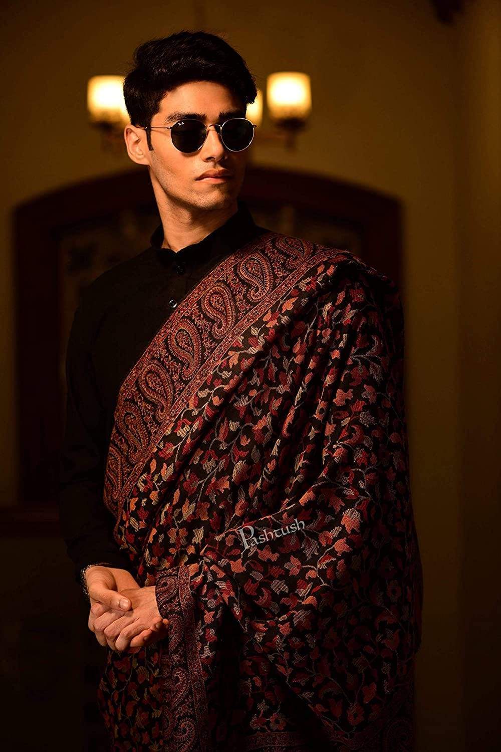 Pashtush India 127x254 Pashtush Mens Kaani Shawl, Mens Lohi, Full Size, Blended Wool, Black