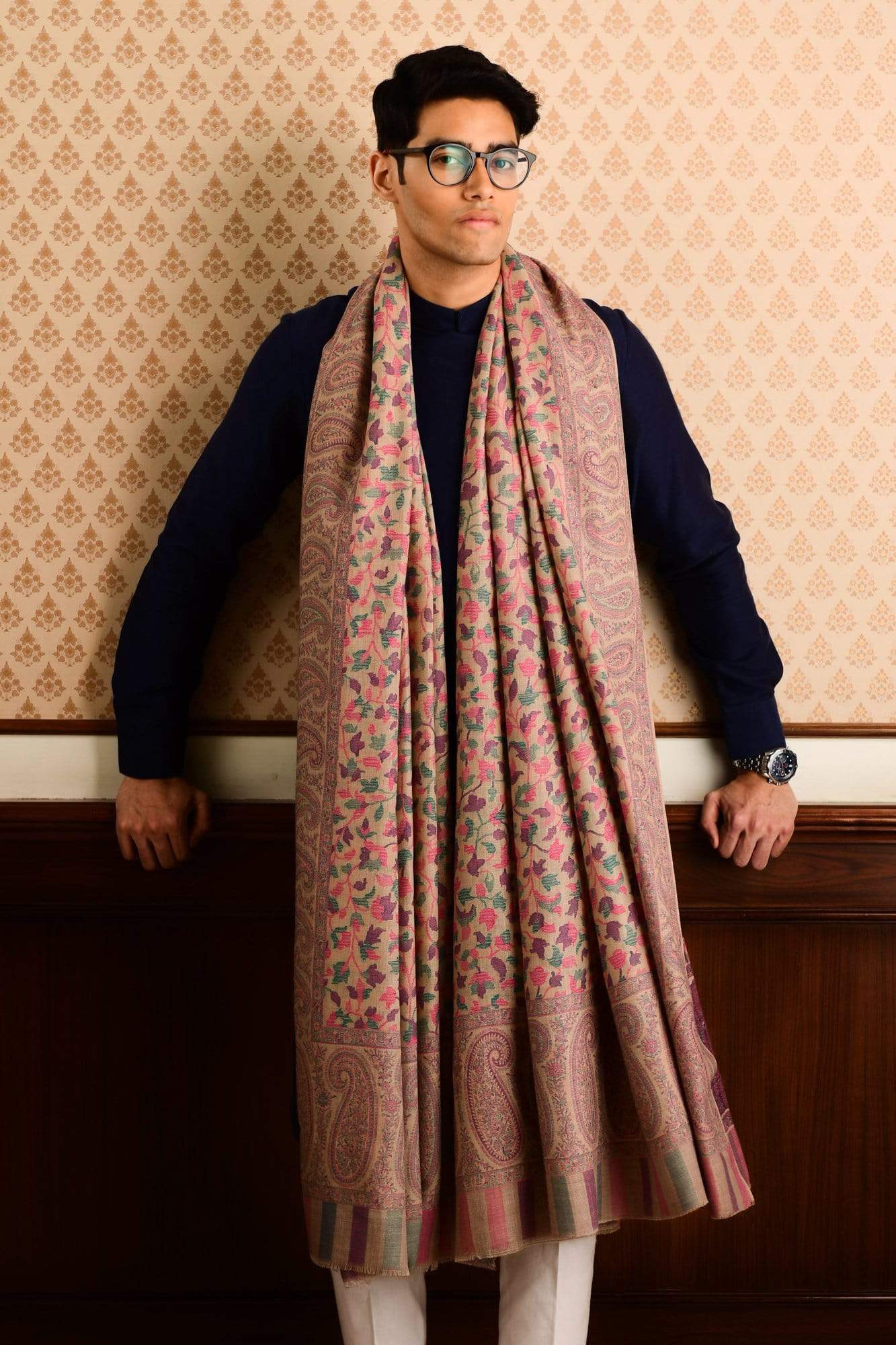 Pashtush India 127x254 Pashtush Mens Kaani Shawl, Mens Lohi, Full Size, Fine Wool, Beige