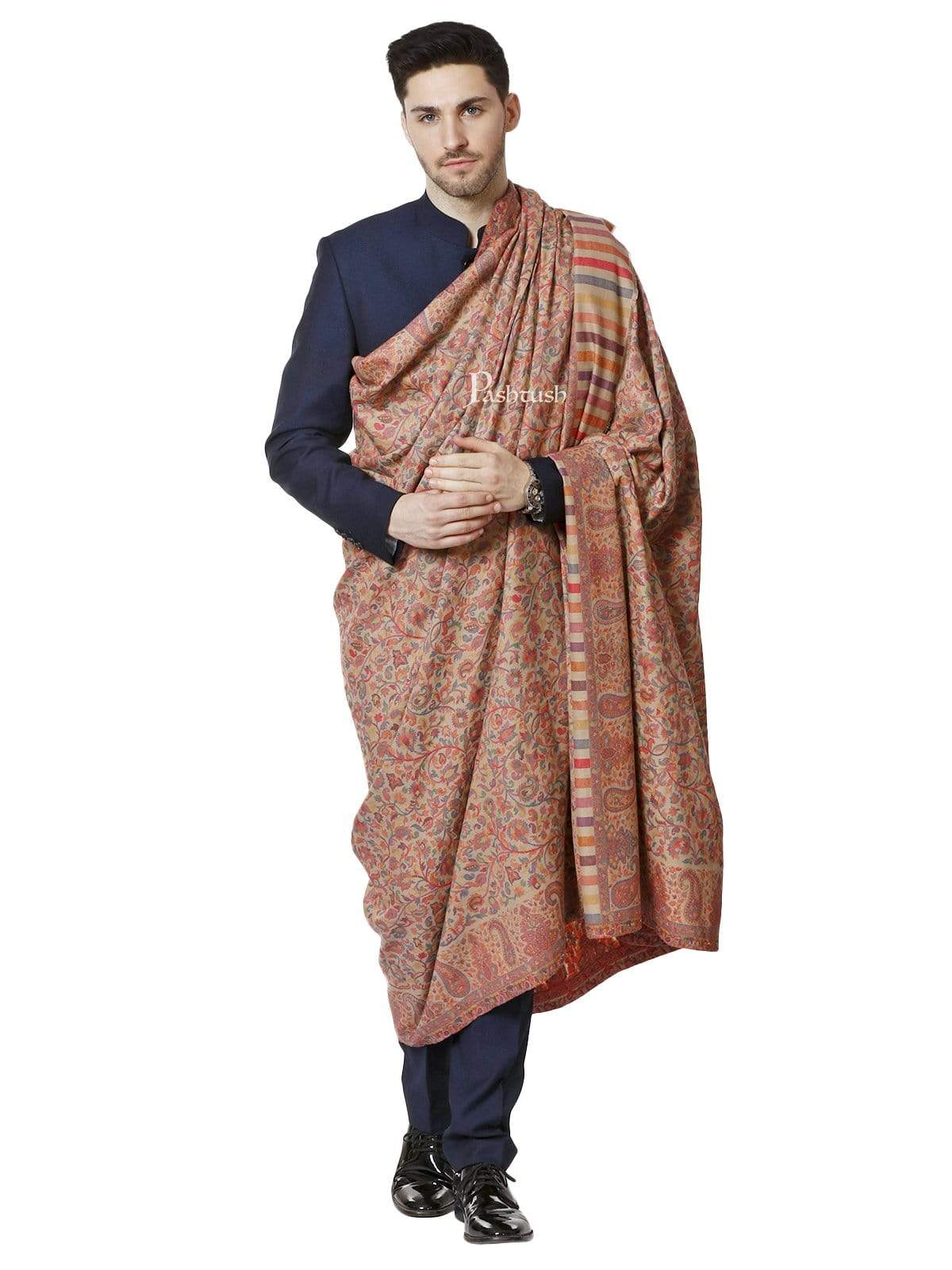 Pashtush India 127x254 Pashtush Mens Kaani Shawl, Mens Lohi, Full Size, Fine Wool, Beige