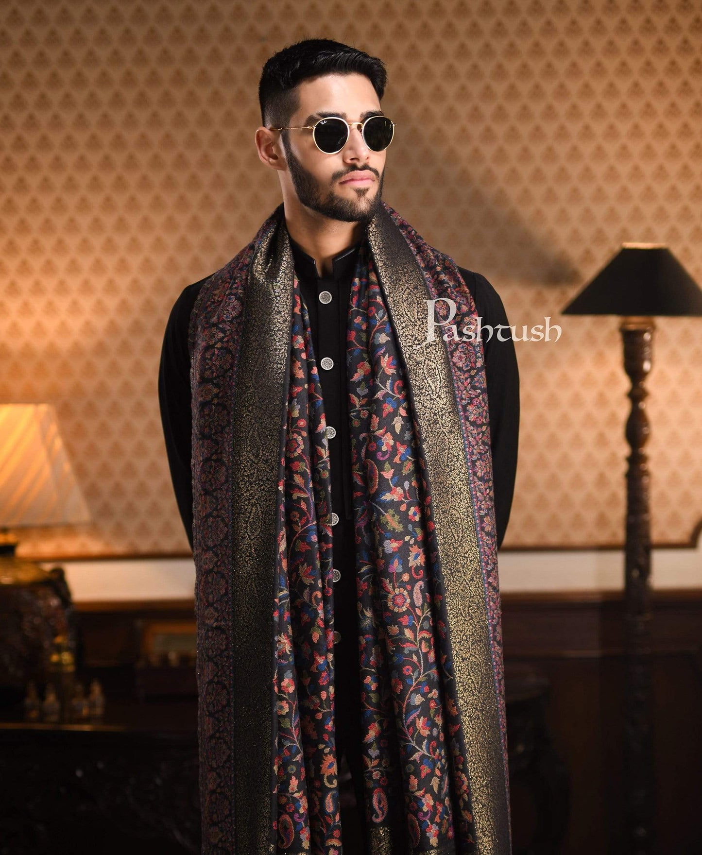 Pashtush India 127x254 Pashtush Mens Kaani Shawl, Mens Lohi , Full Size, Fine Wool, With Metallic Weave Border