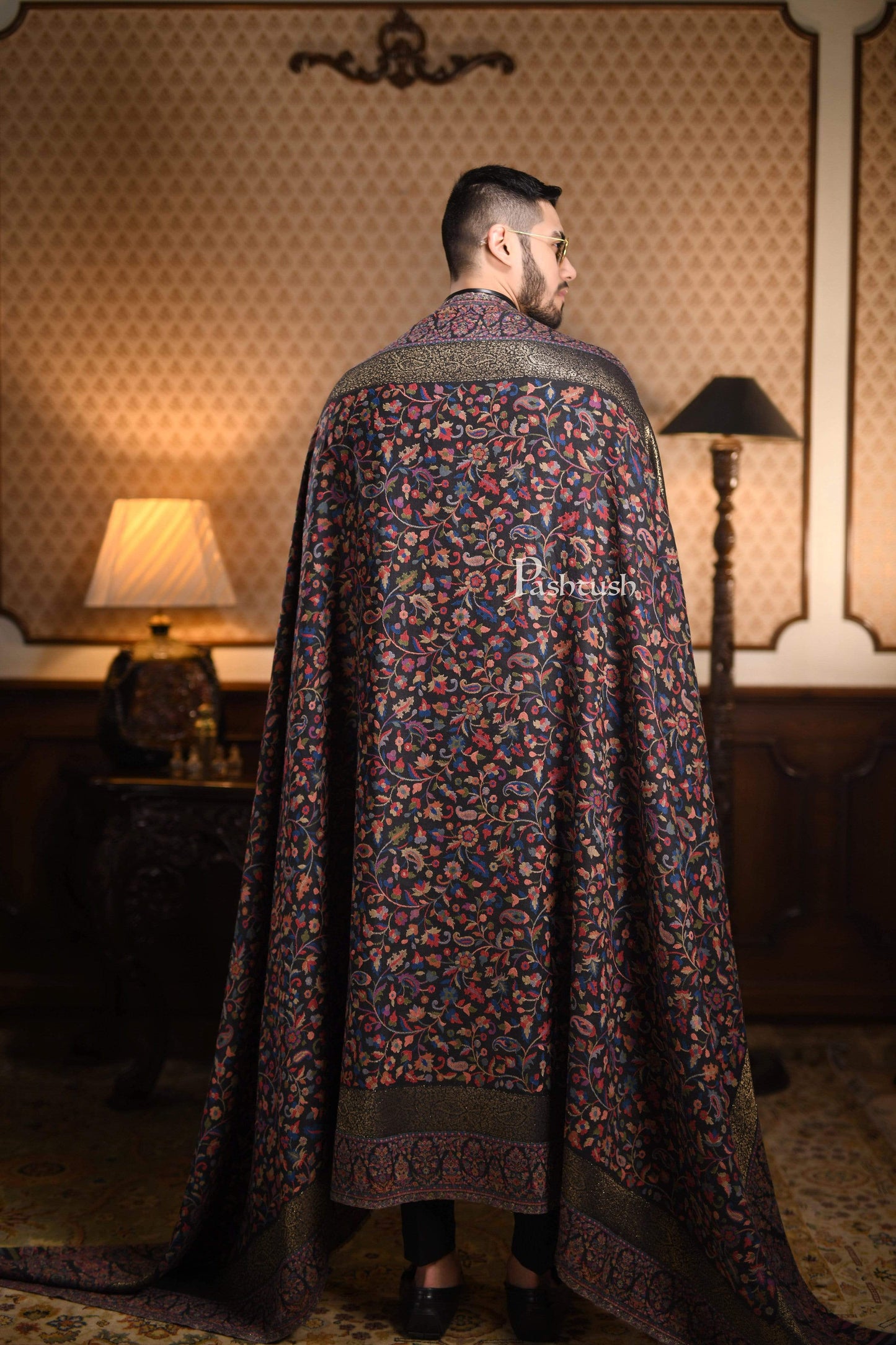 Pashtush India 127x254 Pashtush Mens Kaani Shawl, Mens Lohi , Full Size, Fine Wool, With Metallic Weave Border