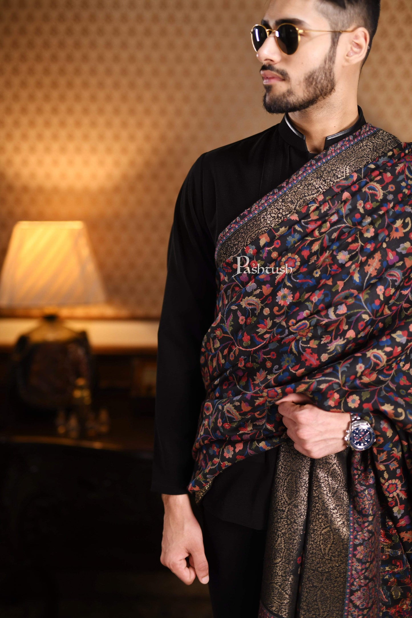 Pashtush India 127x254 Pashtush Mens Kaani Shawl, Mens Lohi , Full Size, Fine Wool, With Metallic Weave Border