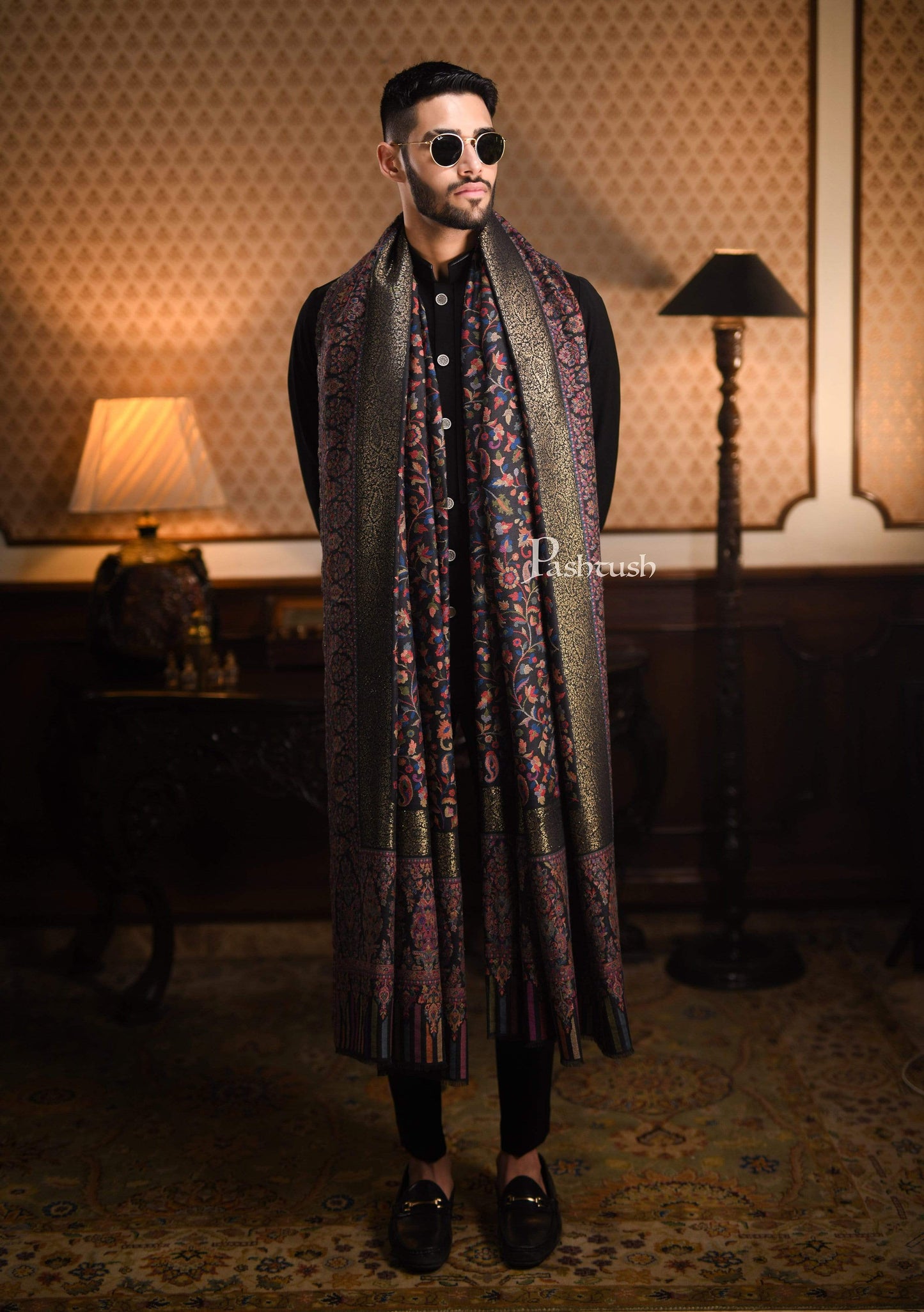 Pashtush India 127x254 Pashtush Mens Kaani Shawl, Mens Lohi , Full Size, Fine Wool, With Metallic Weave Border