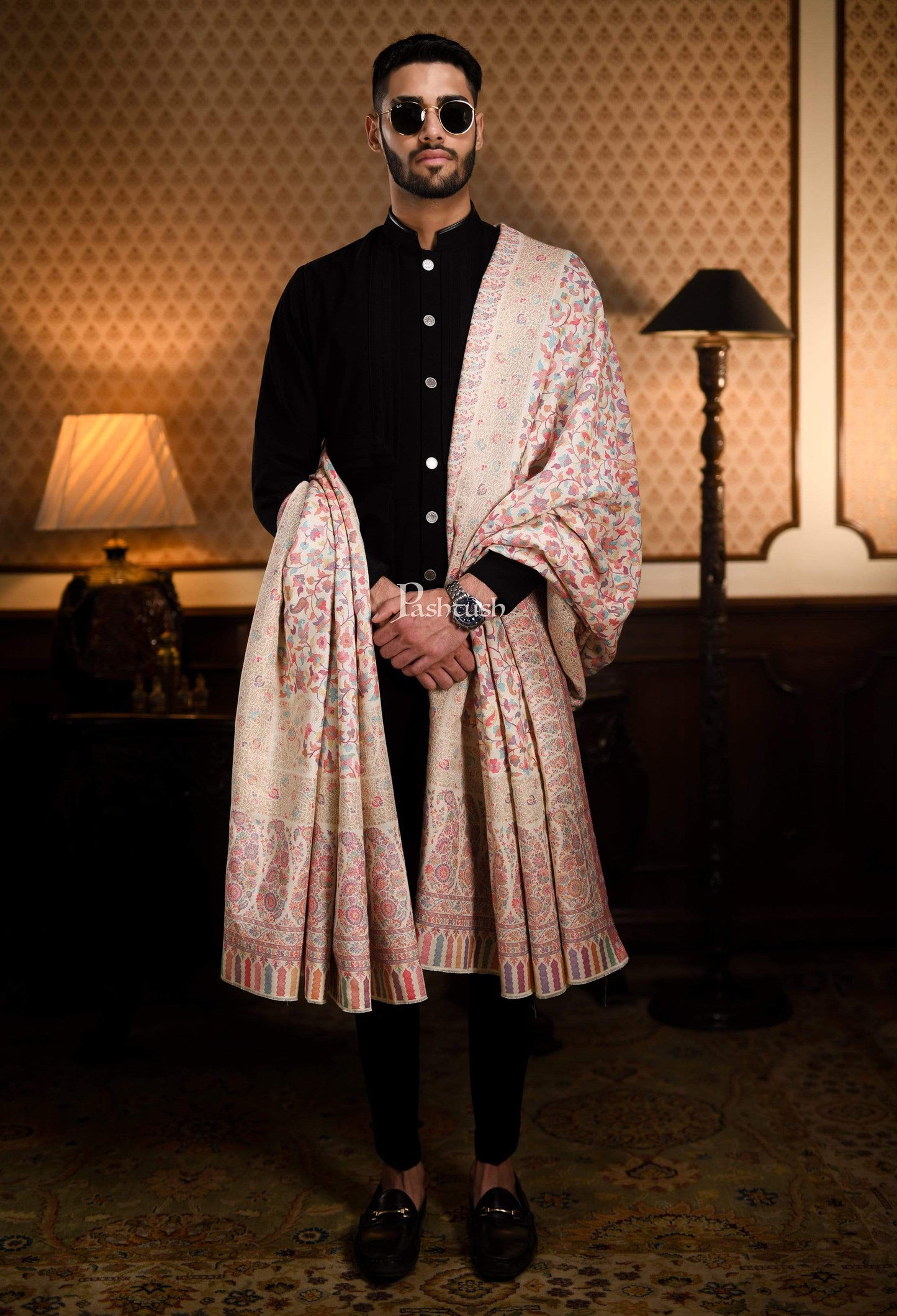 Pashtush India 127x254 Pashtush Mens Kaani Shawl, Mens Lohi , Full Size, Fine Wool, With Metallic Weave Border