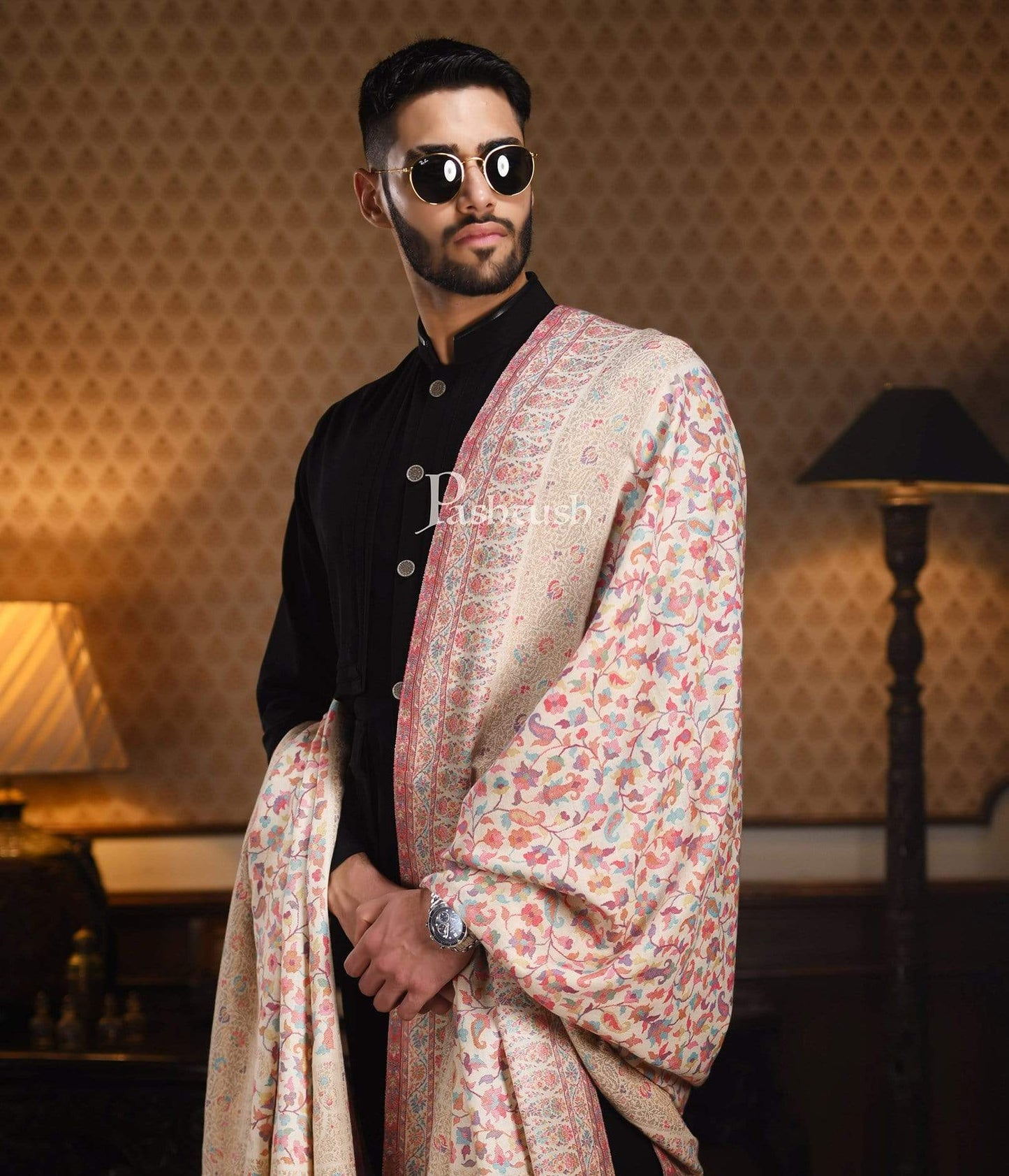 Pashtush India 127x254 Pashtush Mens Kaani Shawl, Mens Lohi , Full Size, Fine Wool, With Metallic Weave Border