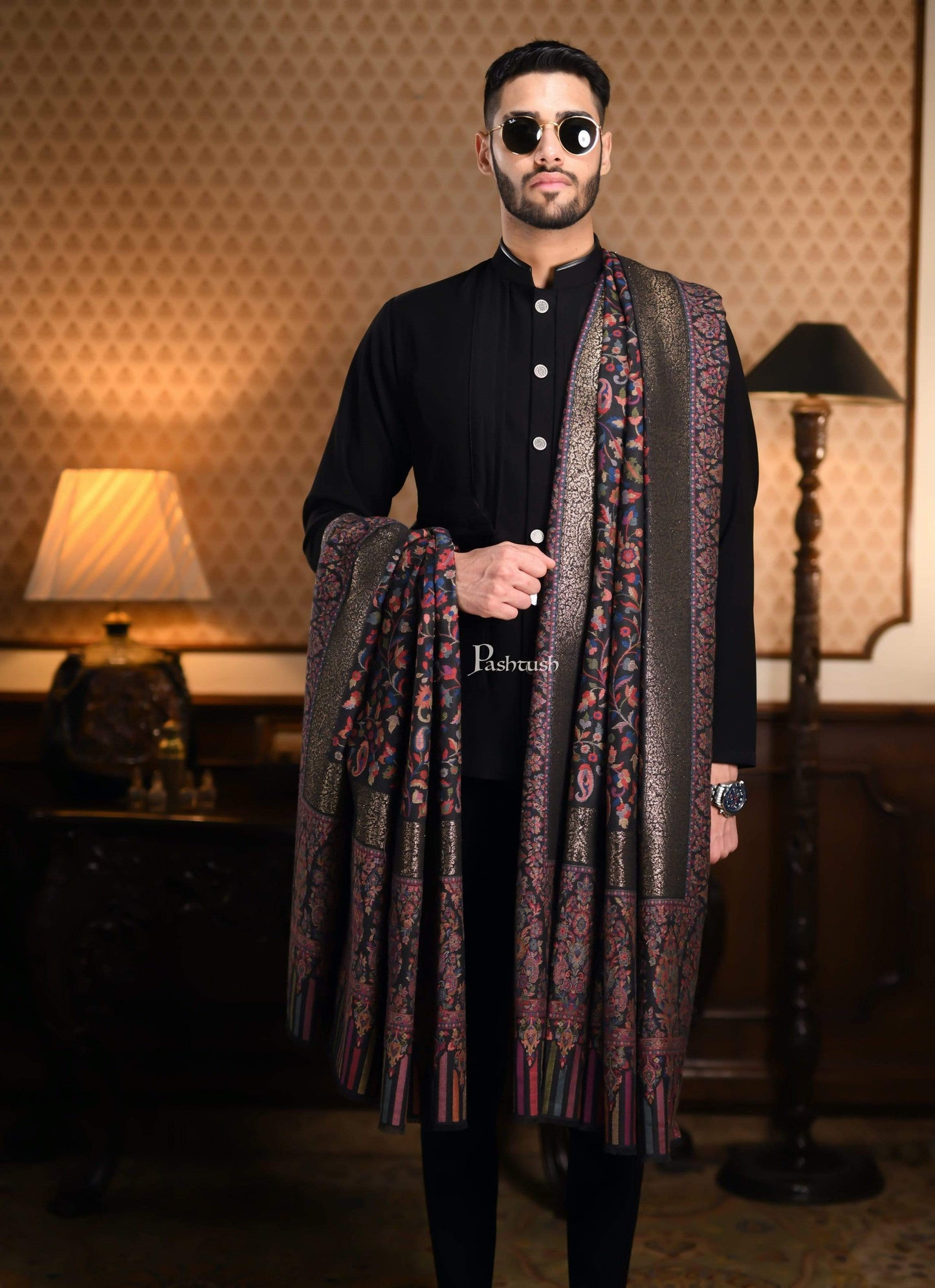 Pashtush India 127x254 Pashtush Mens Kaani Shawl, Mens Lohi , Full Size, Fine Wool, With Metallic Weave Border