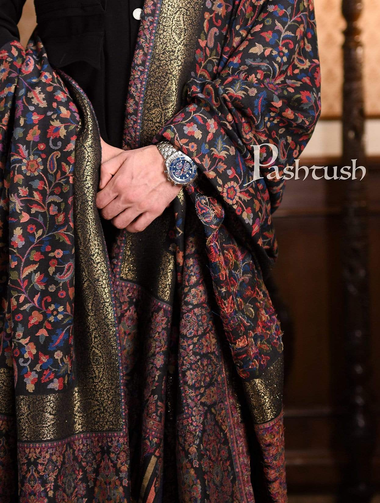 Pashtush India 127x254 Pashtush Mens Kaani Shawl, Mens Lohi , Full Size, Fine Wool, With Metallic Weave Border