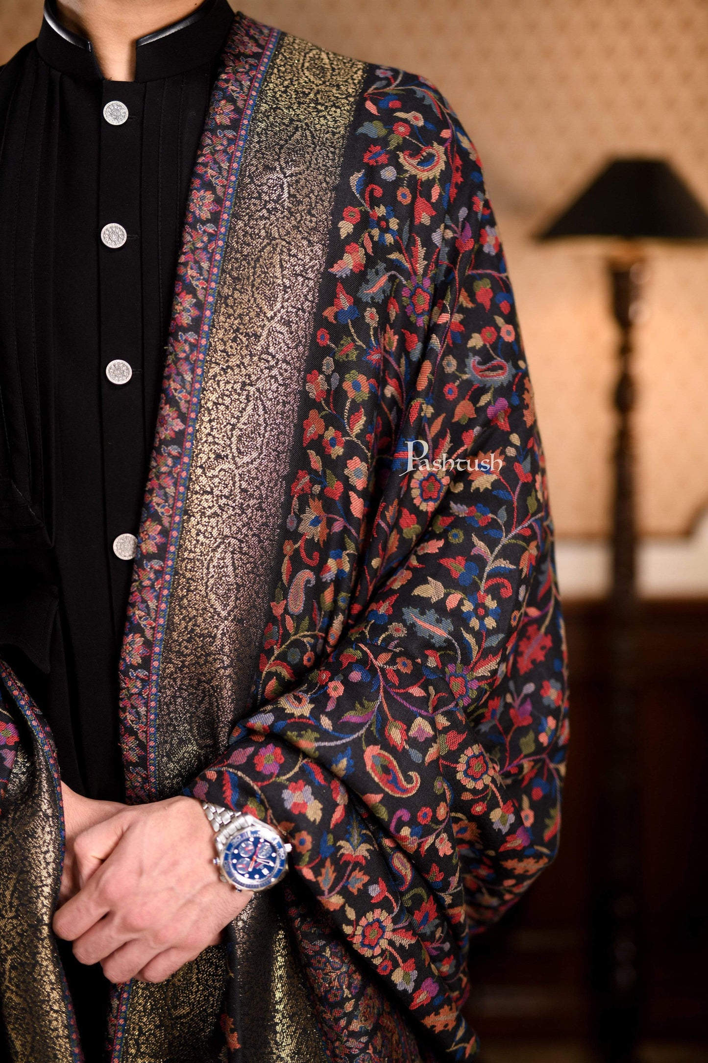Pashtush India 127x254 Pashtush Mens Kaani Shawl, Mens Lohi , Full Size, Fine Wool, With Metallic Weave Border