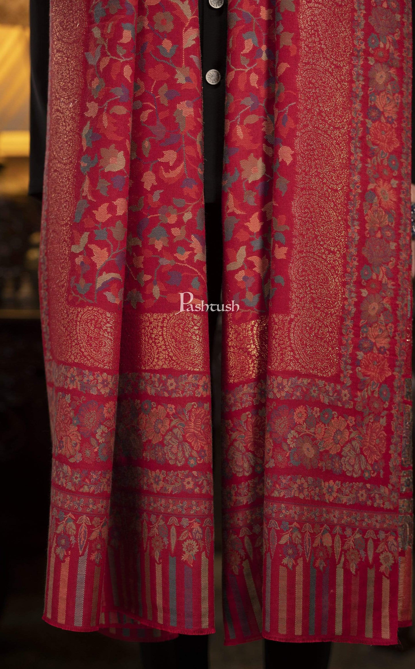 Pashtush India 127x254 Pashtush Mens Kaani Shawl, Mens Lohi , Full Size, Fine Wool, With Metallic Weave , Maroon