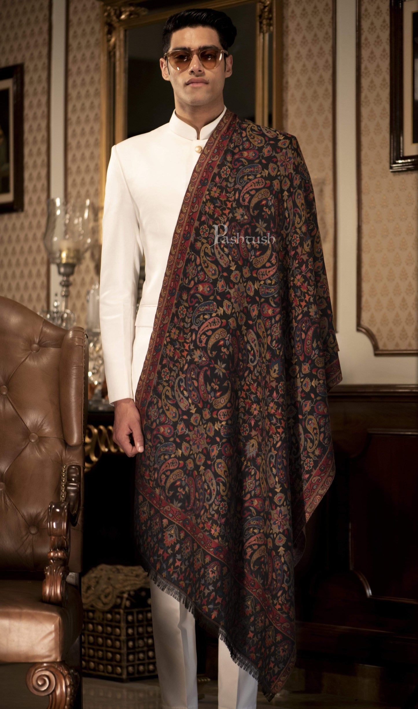 Pashtush India 70x200 Pashtush Mens Kaani Stole, Faux Pashmina, Navy Blue