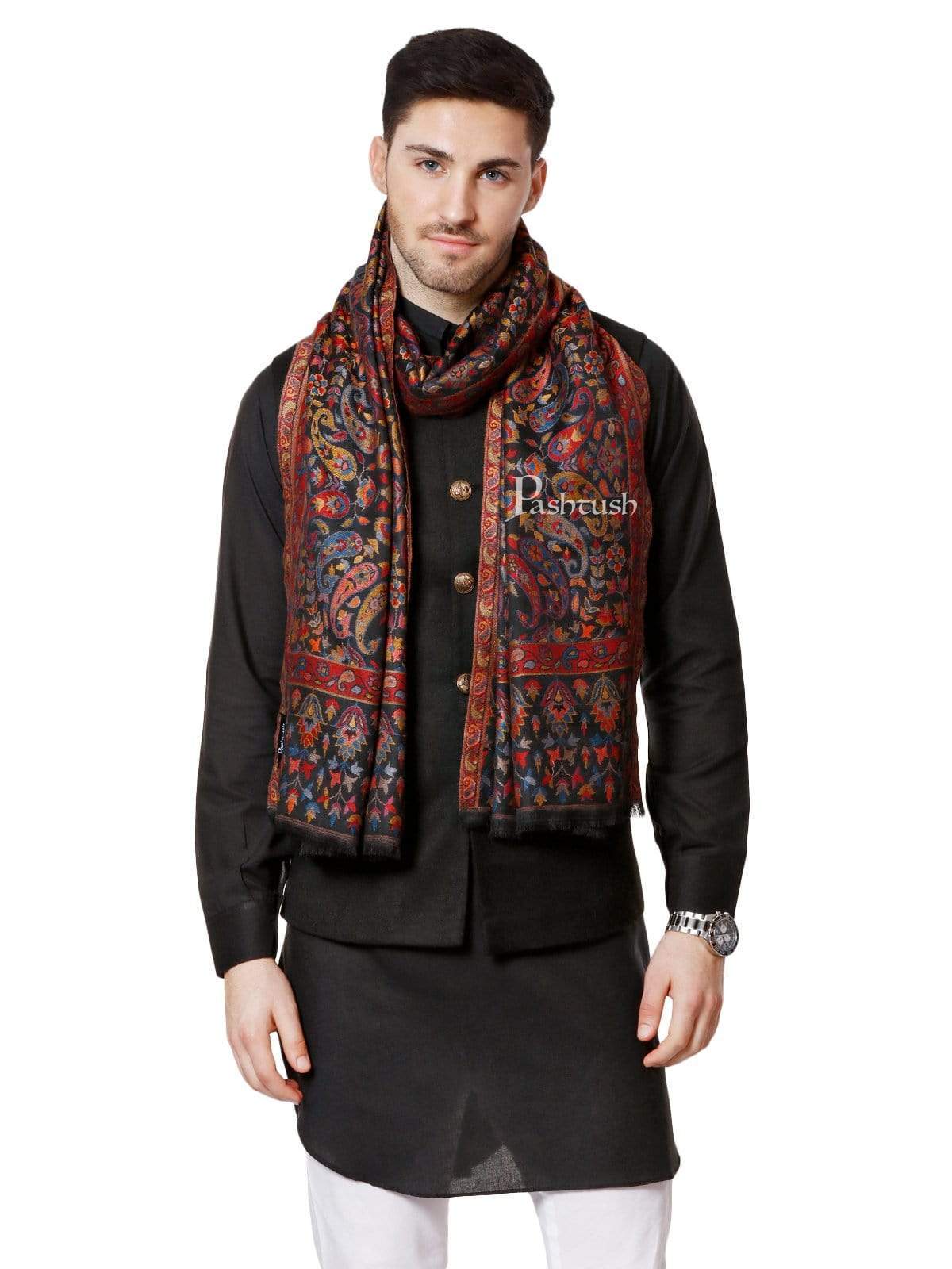 Pashtush India 70x200 Pashtush Mens Kaani Stole, Faux Pashmina, Navy Blue