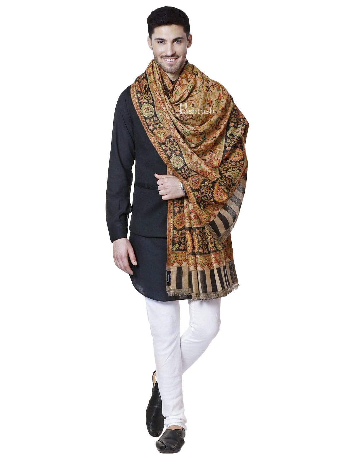 Pashtush India 100x200 Pashtush Mens Kaani Stole, Faux Pashmina, Soft and Warm, Beige and Black