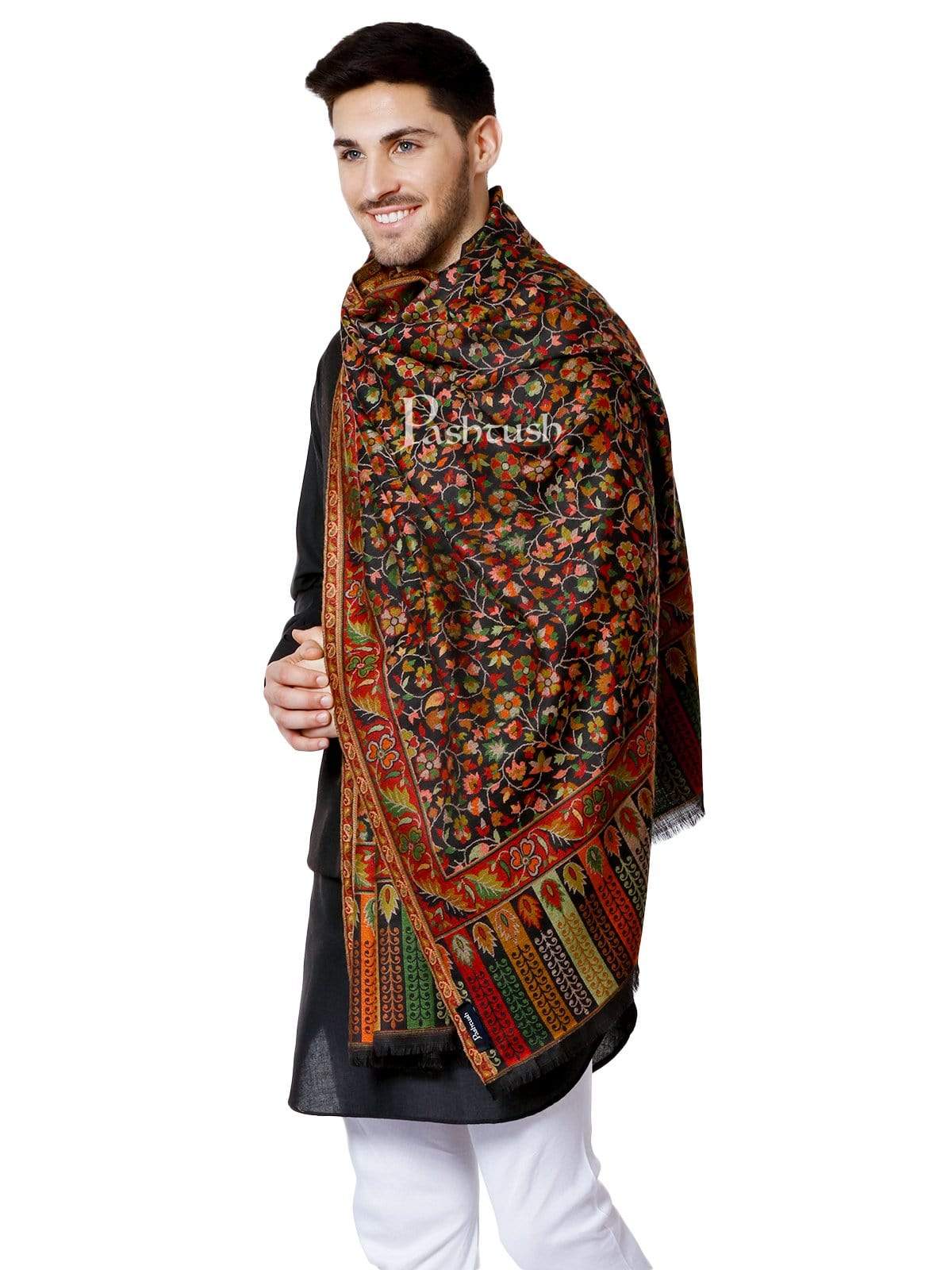 Pashtush India 100x200 Pashtush Mens Kaani Stole, Faux Pashmina, Soft and Warm, Black