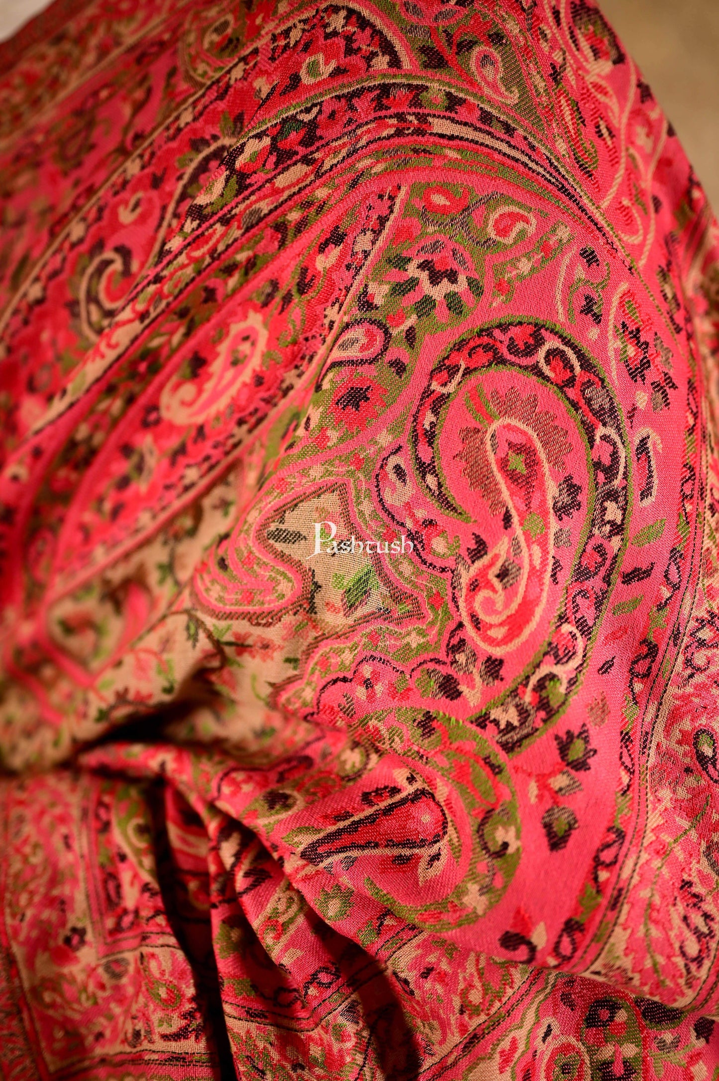 Pashtush India 100x200 Pashtush Mens Kaani Weave Shawl, Rich Garden, Pink and Beige