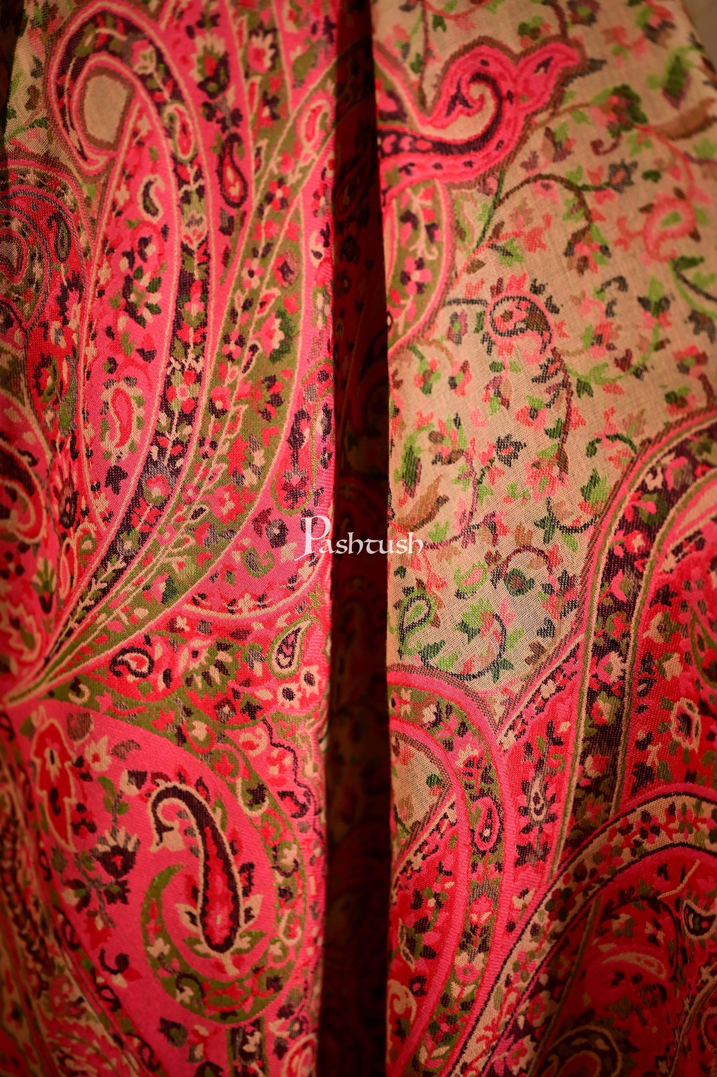 Pashtush India 100x200 Pashtush Mens Kaani Weave Shawl, Rich Garden, Pink and Beige