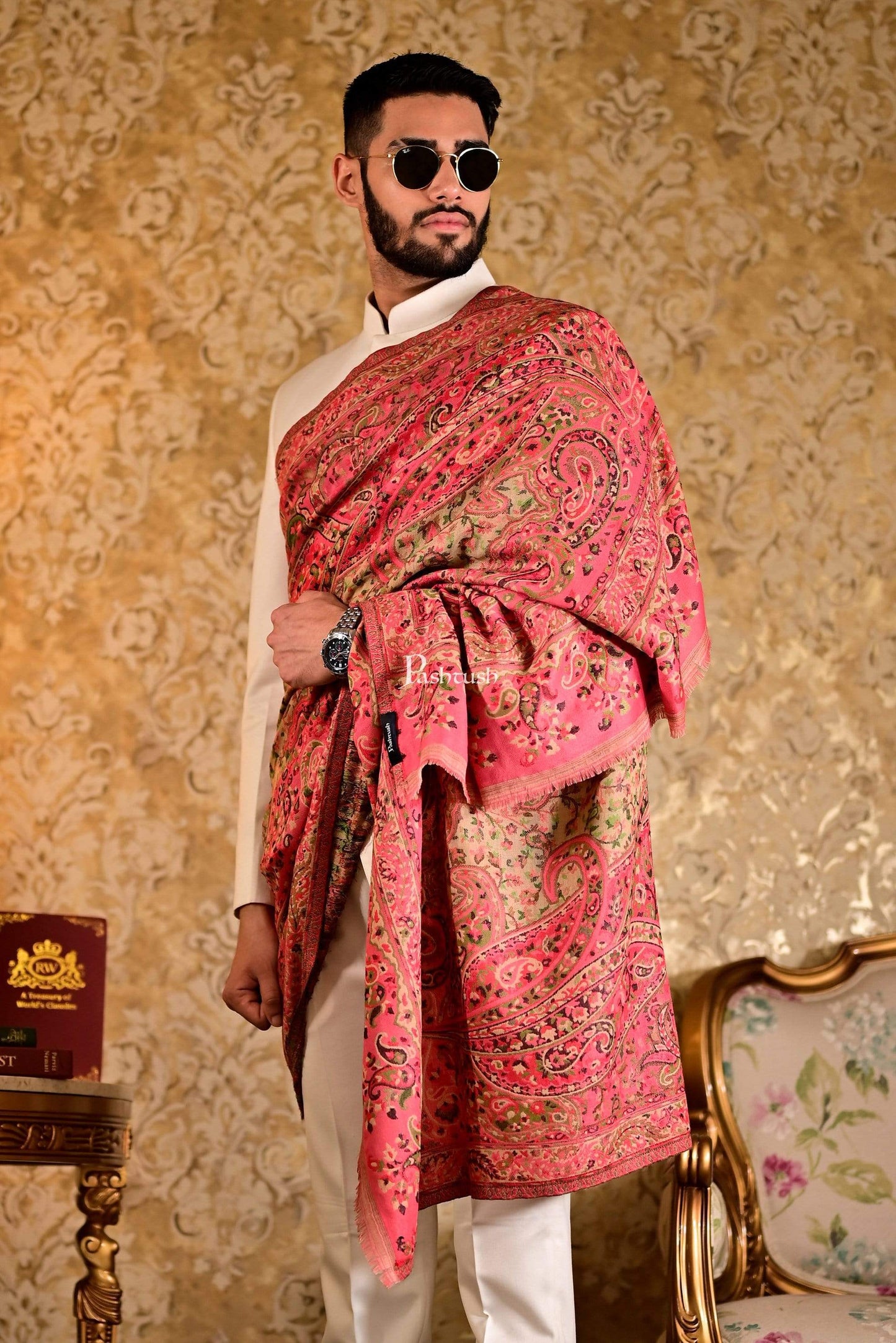 Pashtush India 100x200 Pashtush Mens Kaani Weave Shawl, Rich Garden, Pink and Beige