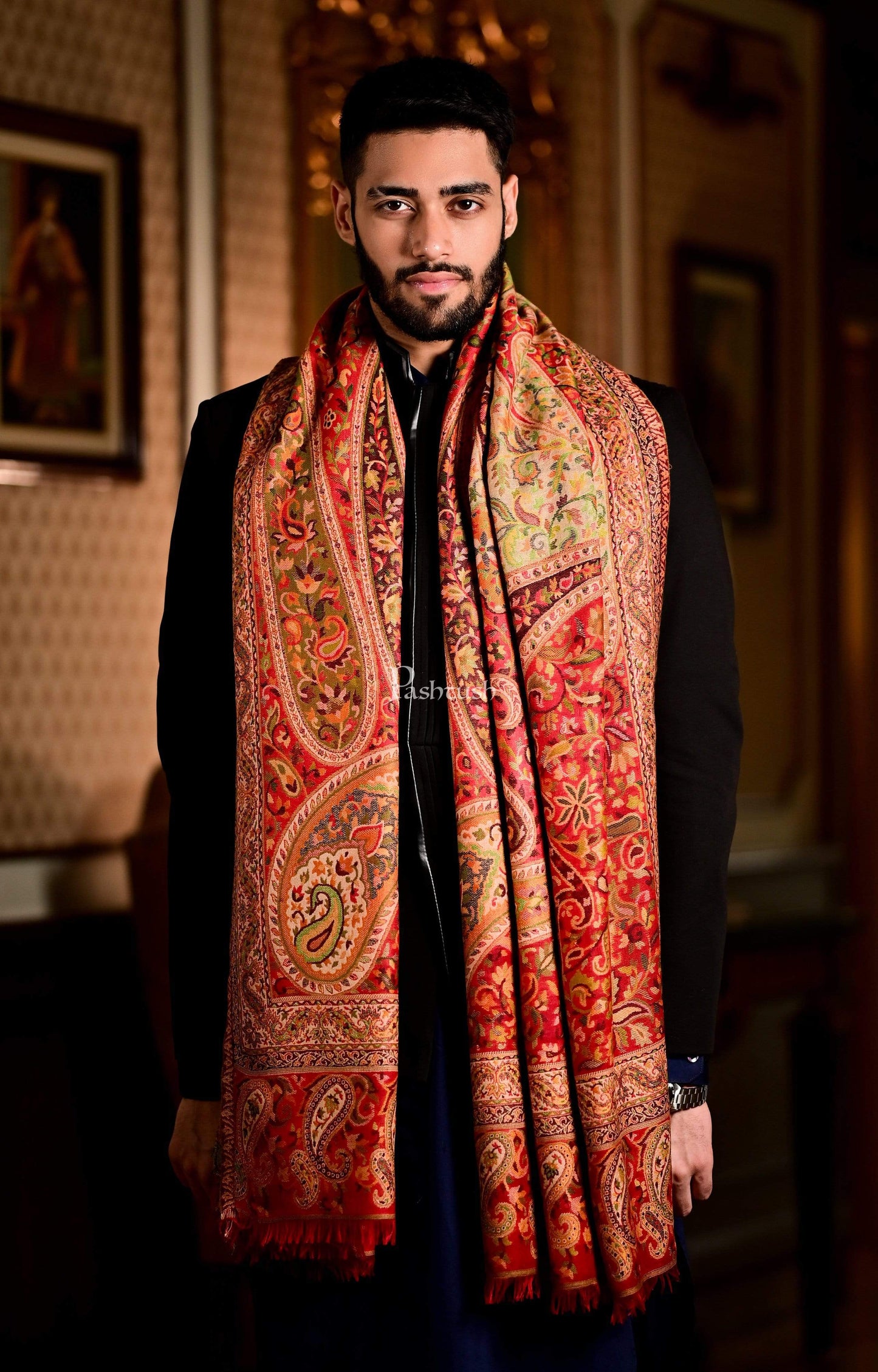 Pashtush India 100x200 Pashtush Mens Kaani Weave Shawl, Rich Garden, Red And Beige