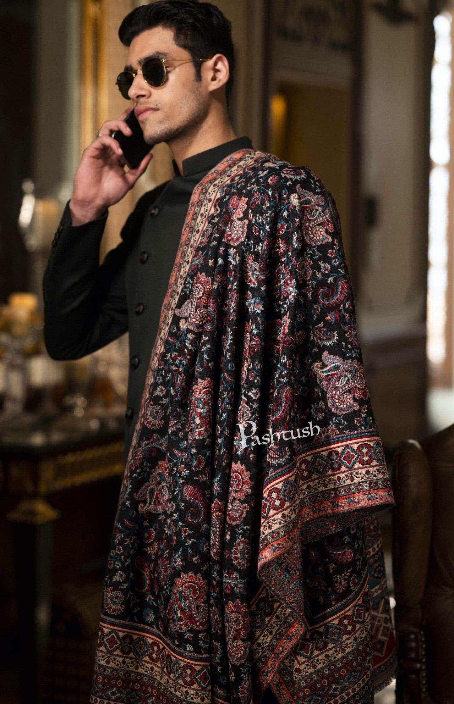 Pashtush India 100x200 Pashtush Mens Kaani Weave Stole, Faux Pashmina, Jacquard Design