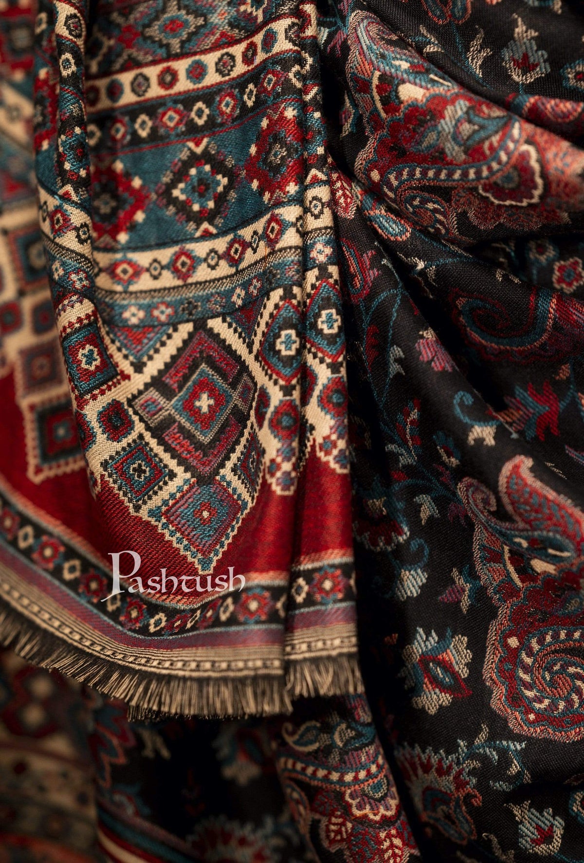 Pashtush India 100x200 Pashtush Mens Kaani Weave Stole, Faux Pashmina, Jacquard Design