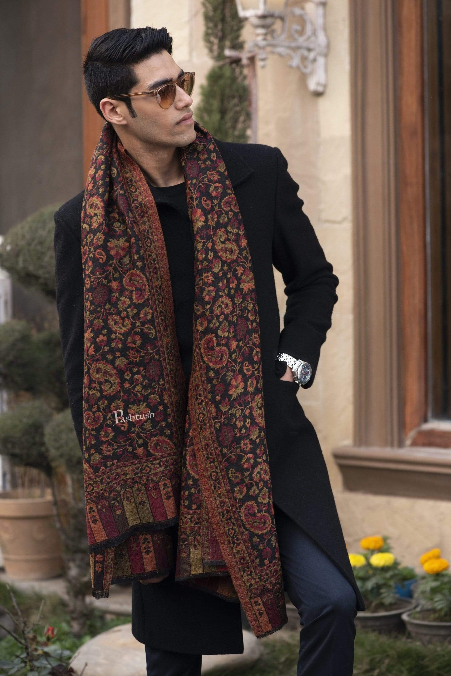 Pashtush India 70x200 Pashtush Mens Kaani Weave Stole, Fine Wool, Black