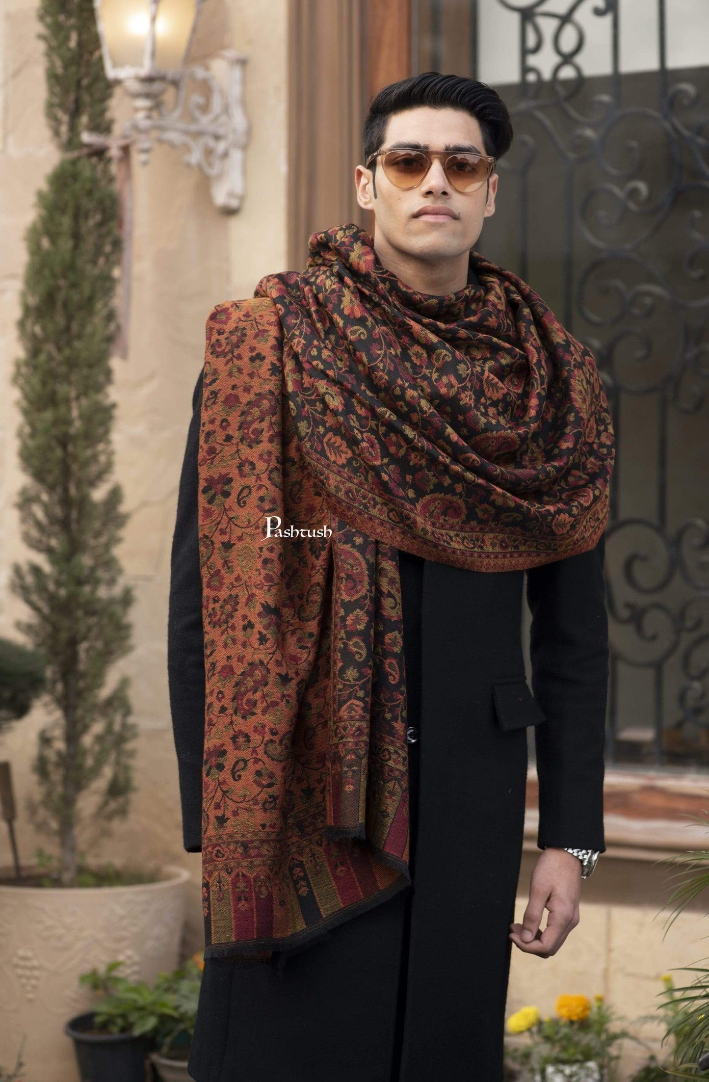 Pashtush India 70x200 Pashtush Mens Kaani Weave Stole, Fine Wool, Black