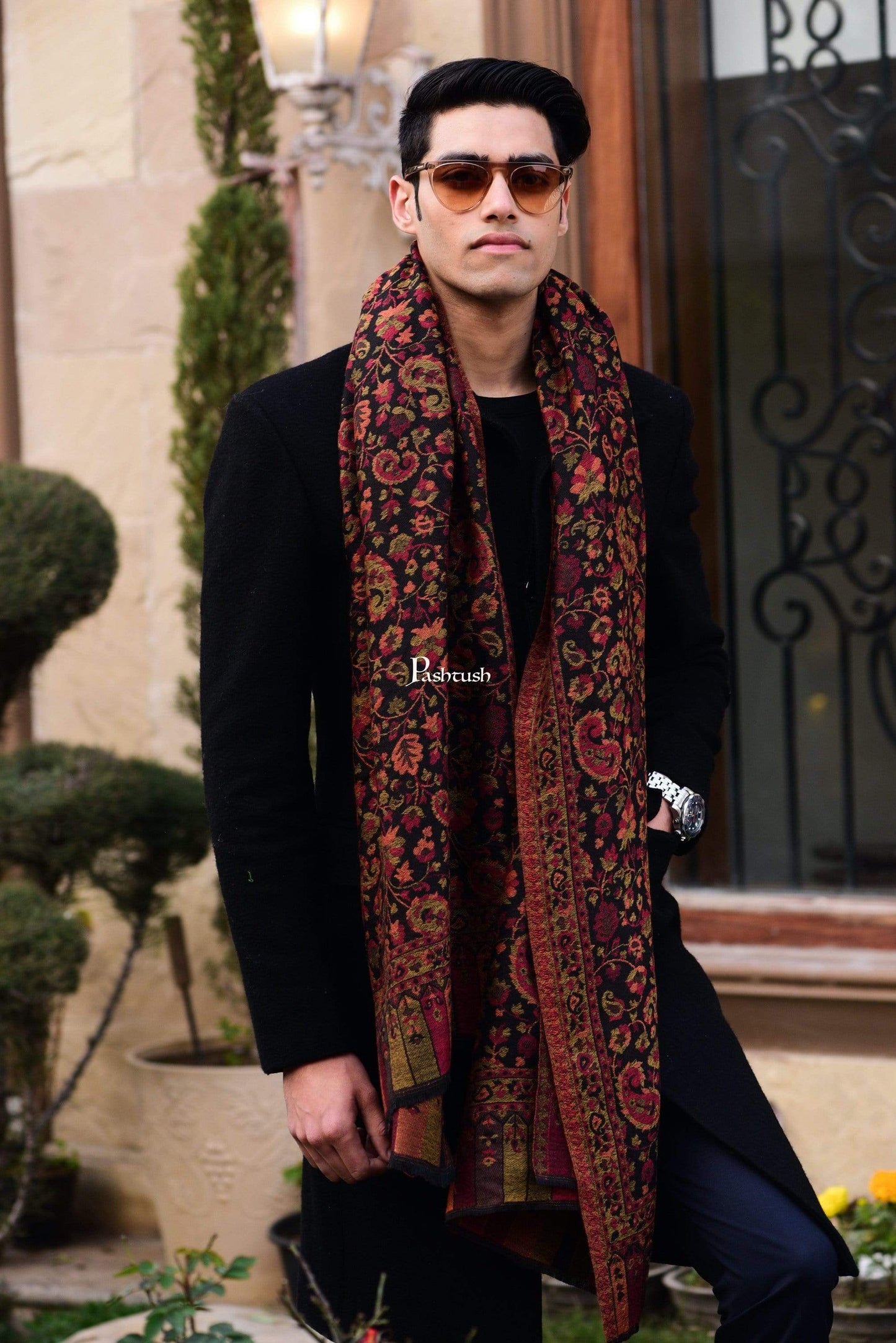 Pashtush India 70x200 Pashtush Mens Kaani Weave Stole, Fine Wool, Black
