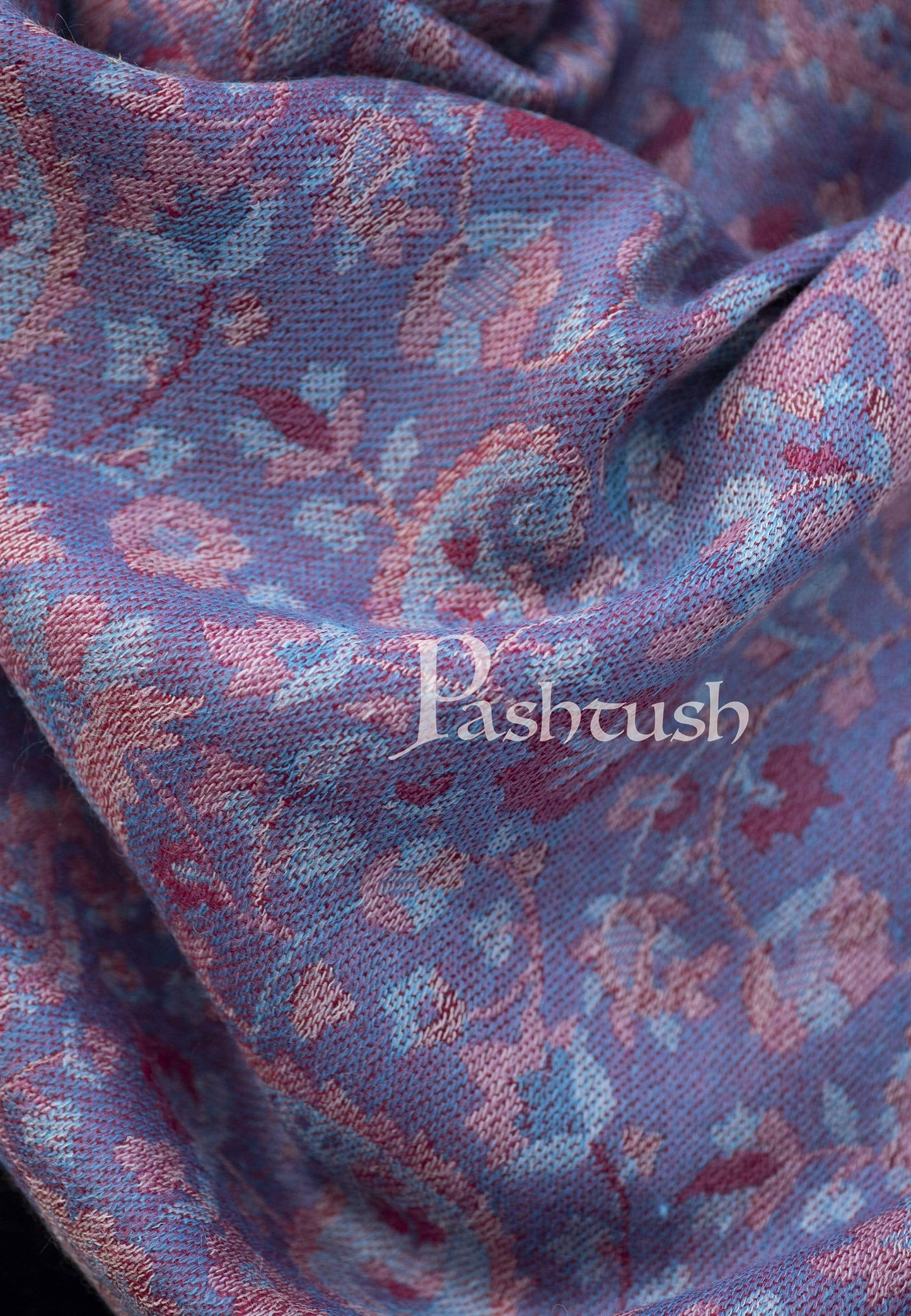 Pashtush India 70x200 Pashtush Mens Kaani Weave Stole, Fine Wool, Reversible, Azure