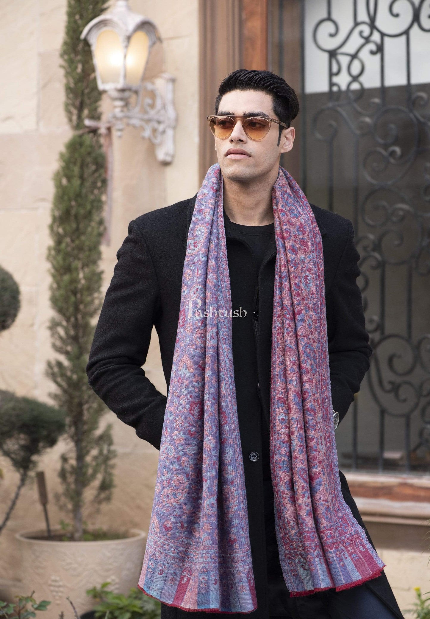 Pashtush India 70x200 Pashtush Mens Kaani Weave Stole, Fine Wool, Reversible, Azure