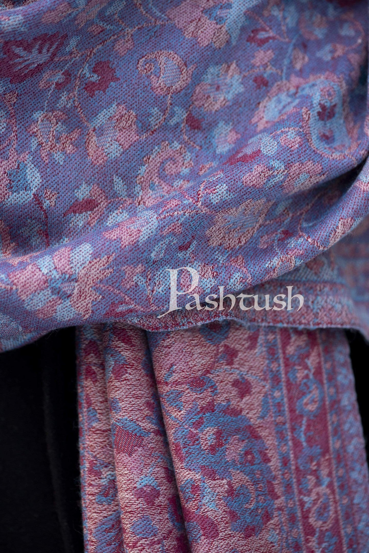 Pashtush India 70x200 Pashtush Mens Kaani Weave Stole, Fine Wool, Reversible, Azure