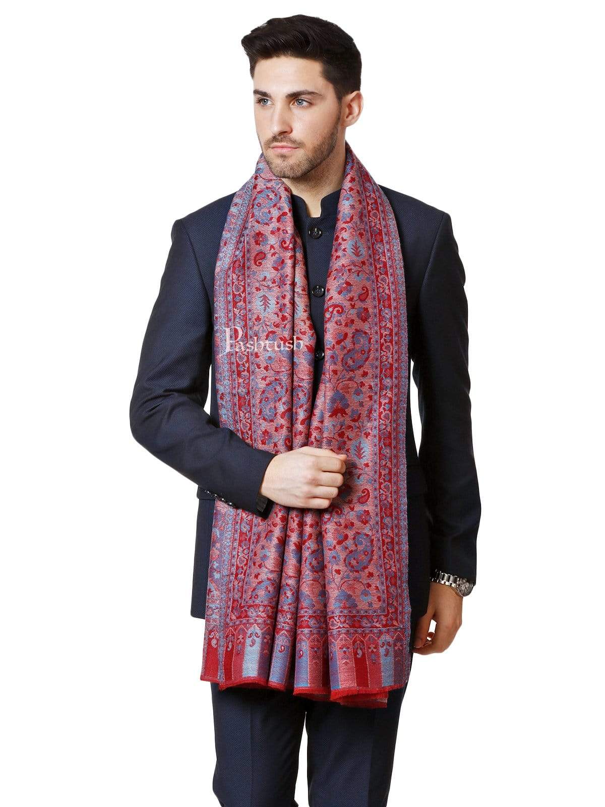 Pashtush India 70x200 Pashtush Mens Kaani Weave Stole, Fine Wool, Reversible, Azure