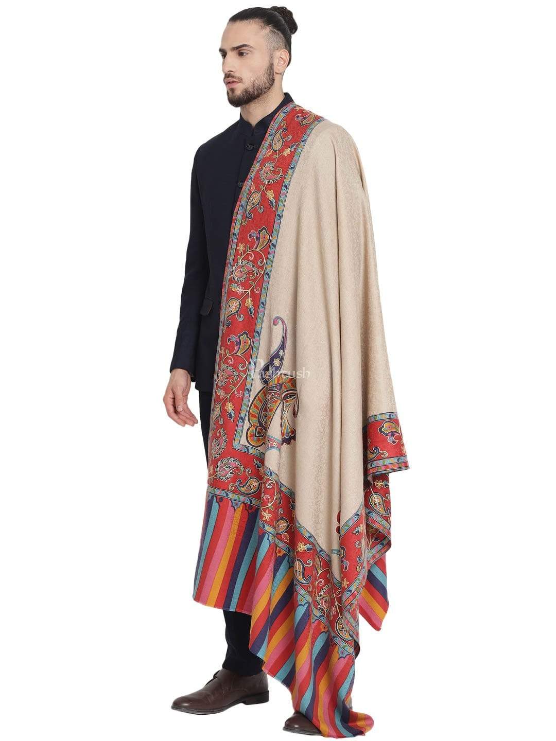 Pashtush India 114x228 Pashtush Mens Kalamkari Embroidery Shawl, Fine Wool Shawls, Medium