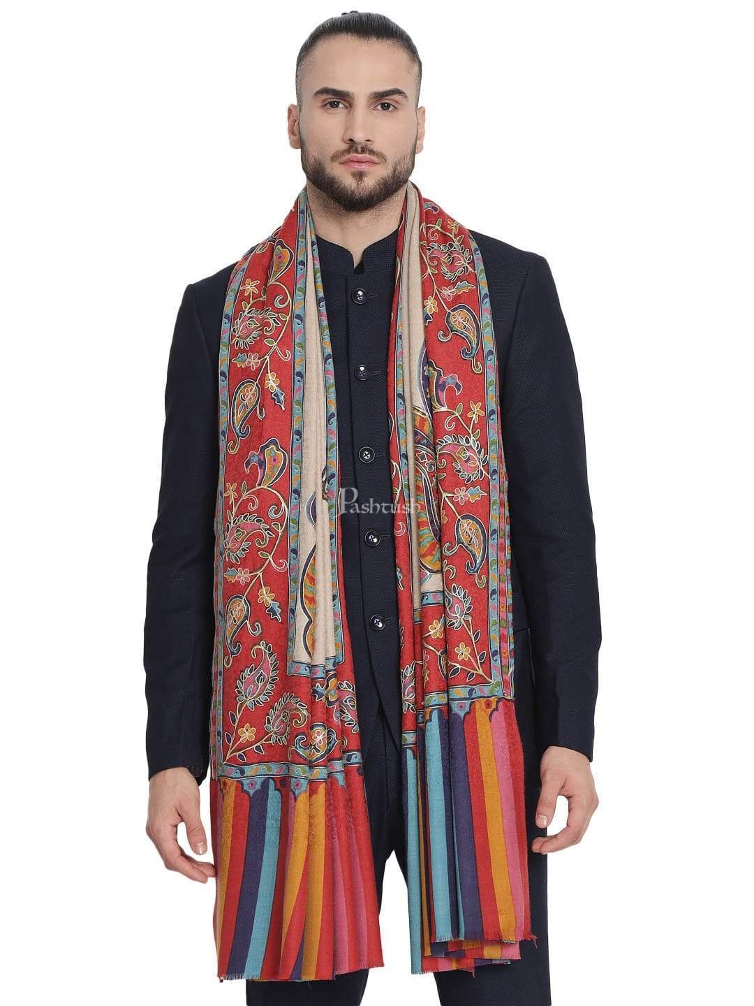 Pashtush India 114x228 Pashtush Mens Kalamkari Embroidery Shawl, Fine Wool Shawls, Medium
