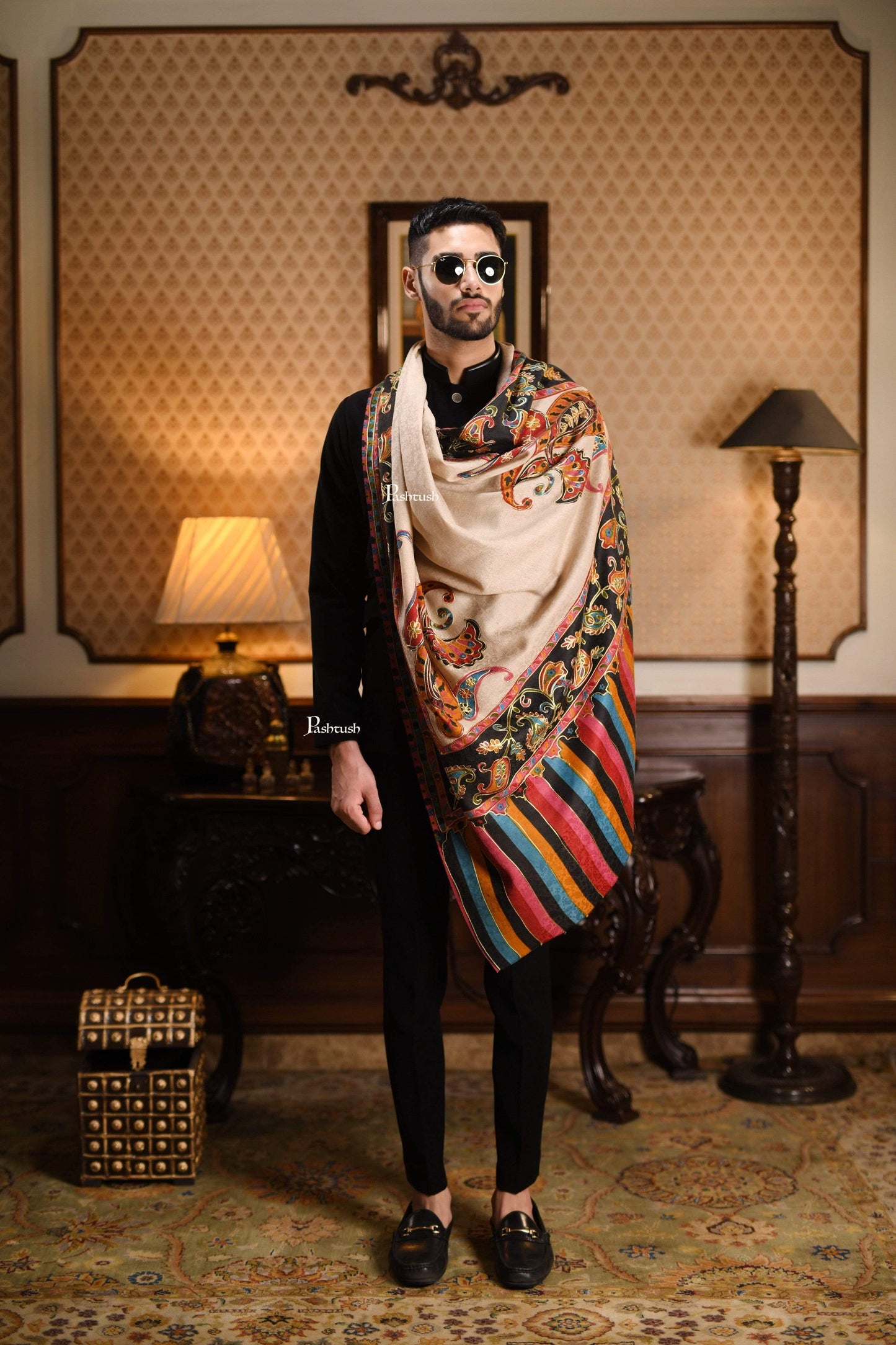 Pashtush India 114x228 Pashtush Mens Kalamkari Embroidery Shawl, Gents Fine Wool Shawls, Medium