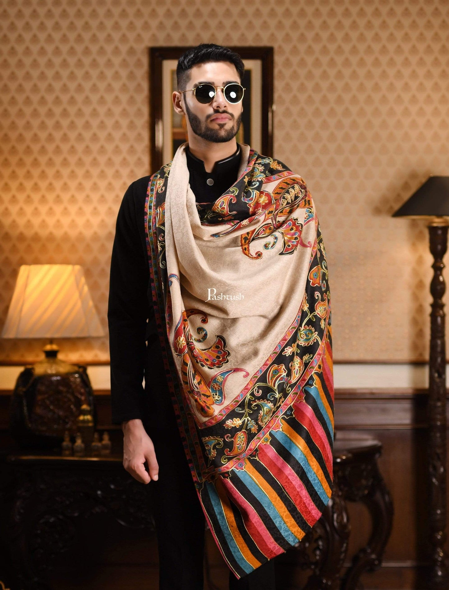 Pashtush India 114x228 Pashtush Mens Kalamkari Embroidery Shawl, Gents Fine Wool Shawls, Medium
