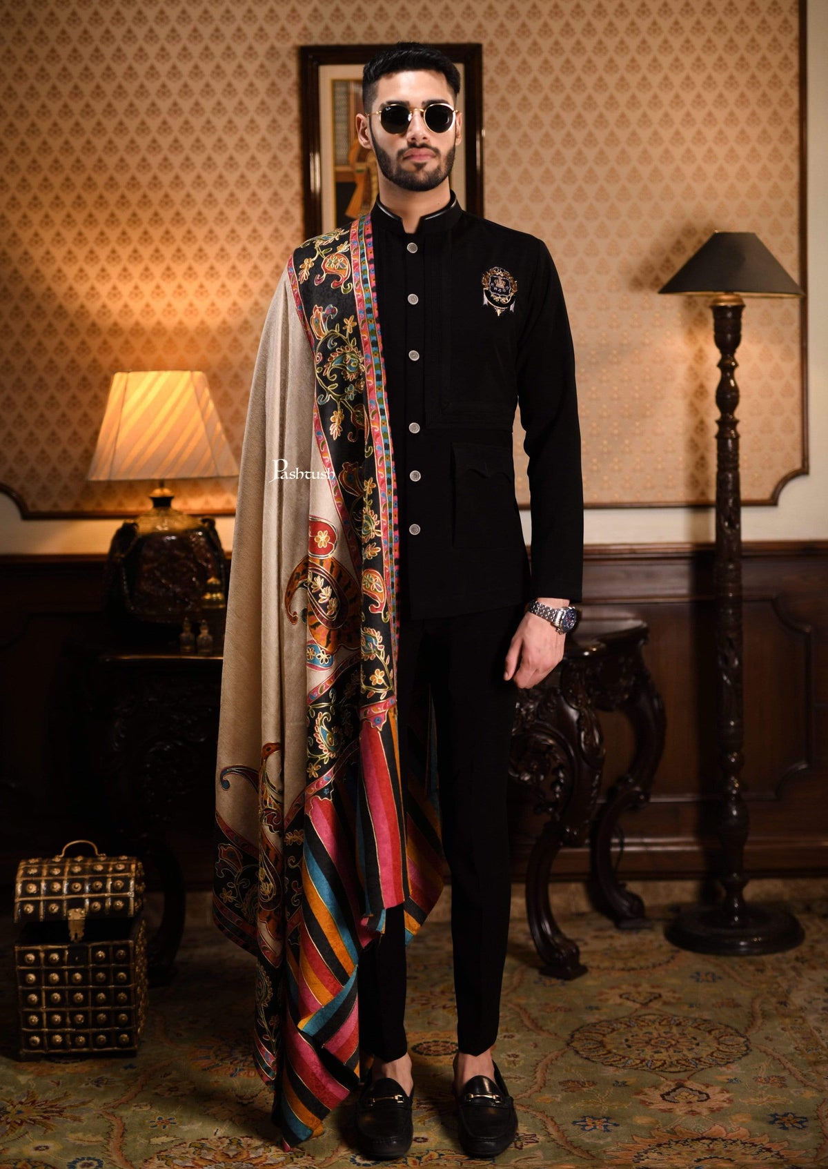 Pashtush India 114x228 Pashtush Mens Kalamkari Embroidery Shawl, Gents Fine Wool Shawls, Medium