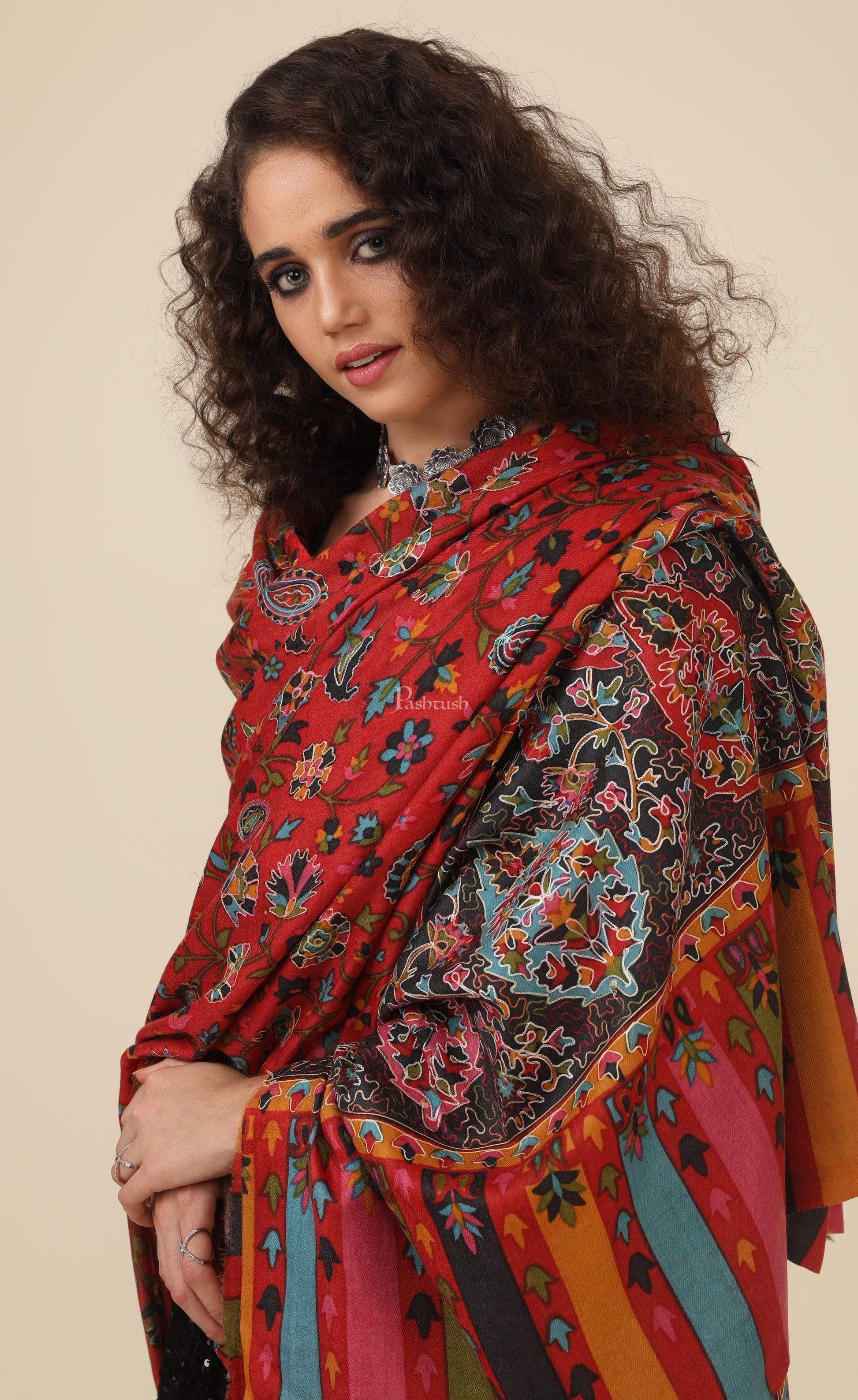 Pashtush India 114x228 Pashtush Mens Kalamkari Embroidery Shawl, Gents Fine Wool Shawls, Medium