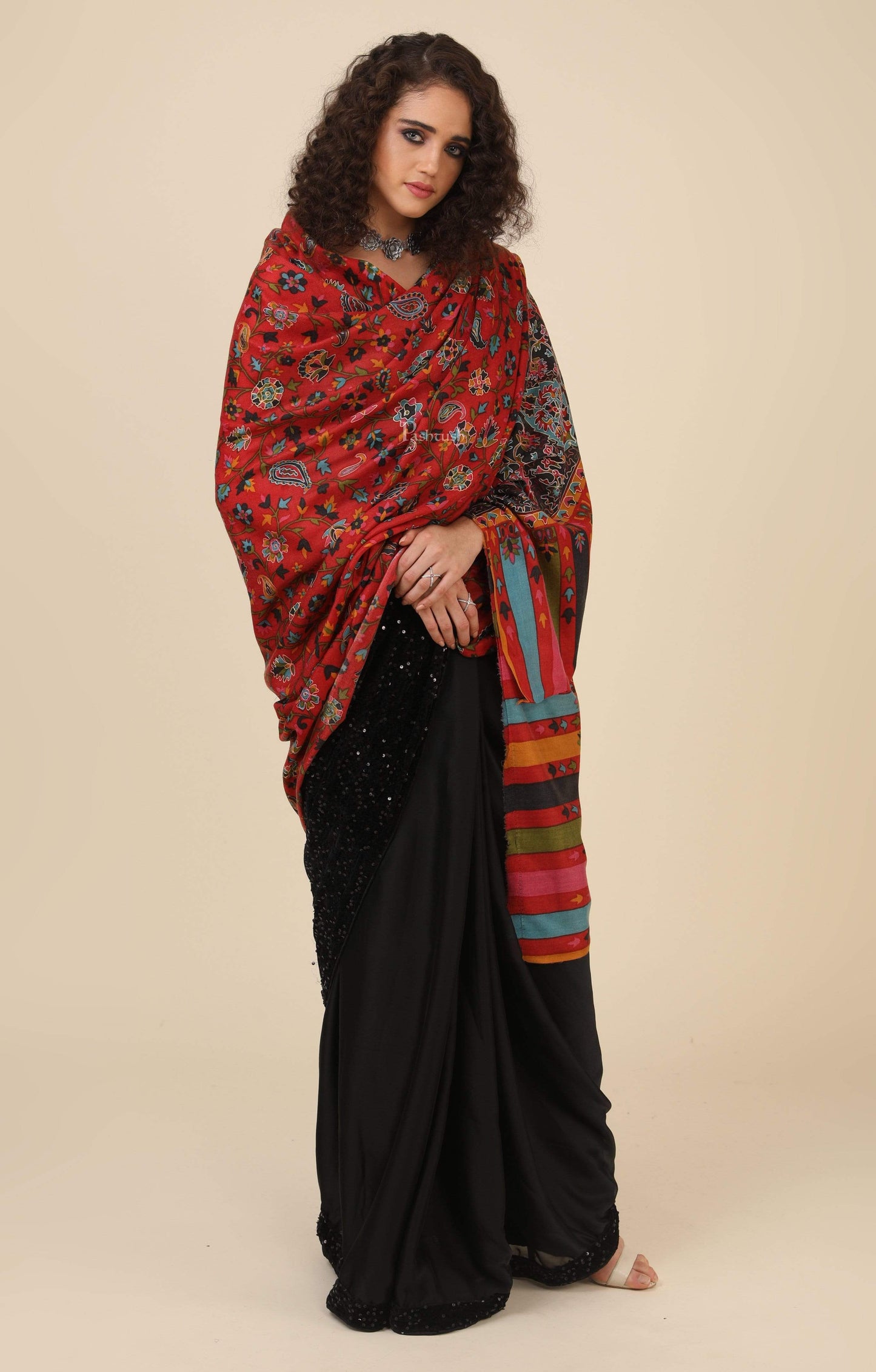 Pashtush India 114x228 Pashtush Mens Kalamkari Embroidery Shawl, Gents Fine Wool Shawls, Medium