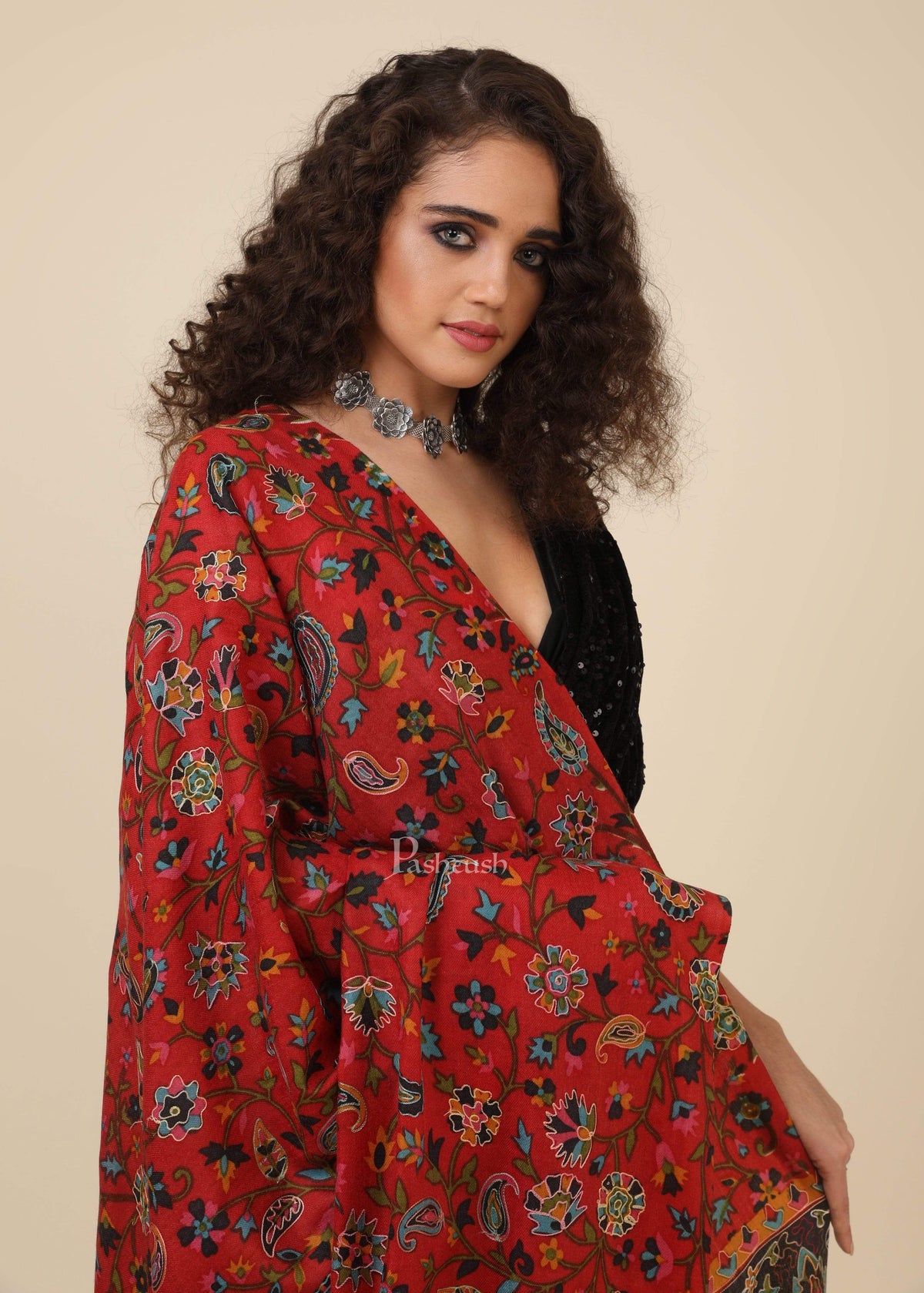 Pashtush India 114x228 Pashtush Mens Kalamkari Embroidery Shawl, Gents Fine Wool Shawls, Medium